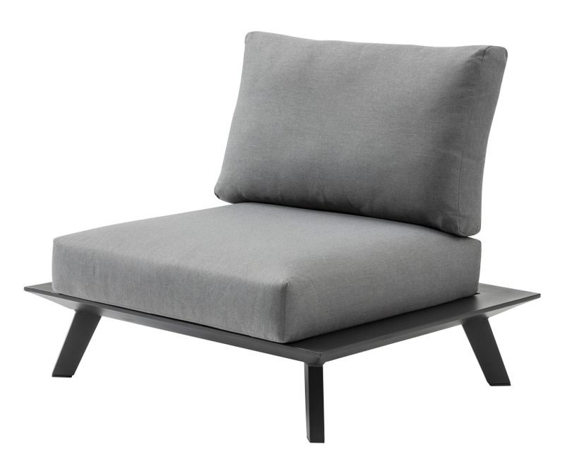 Fauteuil de jardin sans chauffeuse avec structure aluminium inoxydable noire, coussins gris en tissu déperlant, déhoussable, .