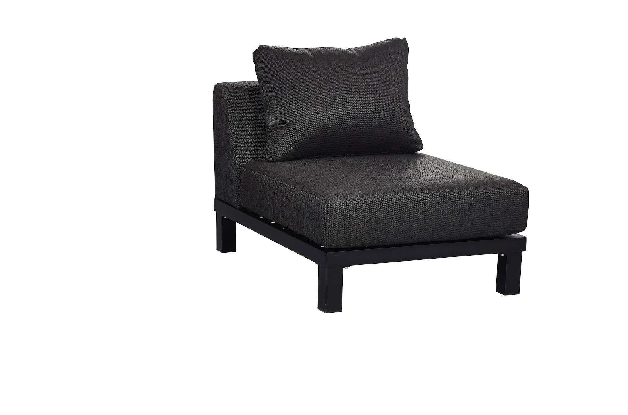 Fauteuil d'angle salon de jardin en aluminium design noir, coussin luxe en tissu Oléfine 100% polypropylène, structure en aluminium hait de gamme.