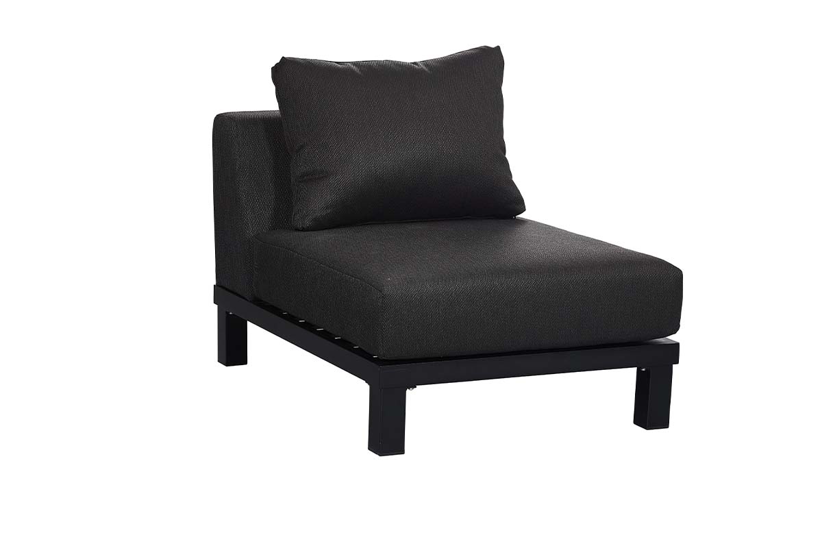Module d'angle de salon de jardin avec structure aluminium inoxydable noire, assise et dossier en teck FSC, coussins épais.