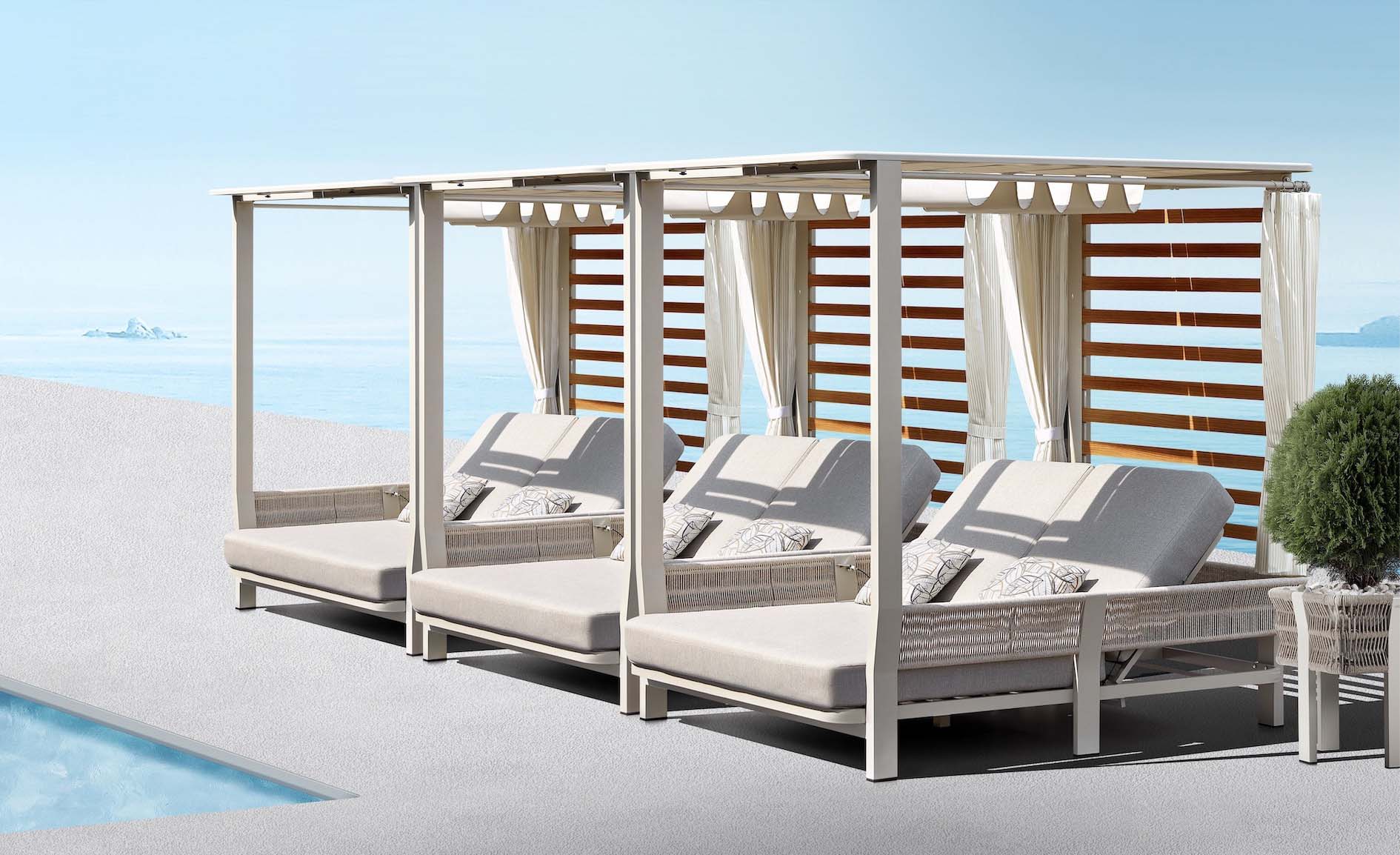 Lit de piscine double moderne en teck FSC avec structure en aluminium et panneaux en corde tressée déperlante, coussin.