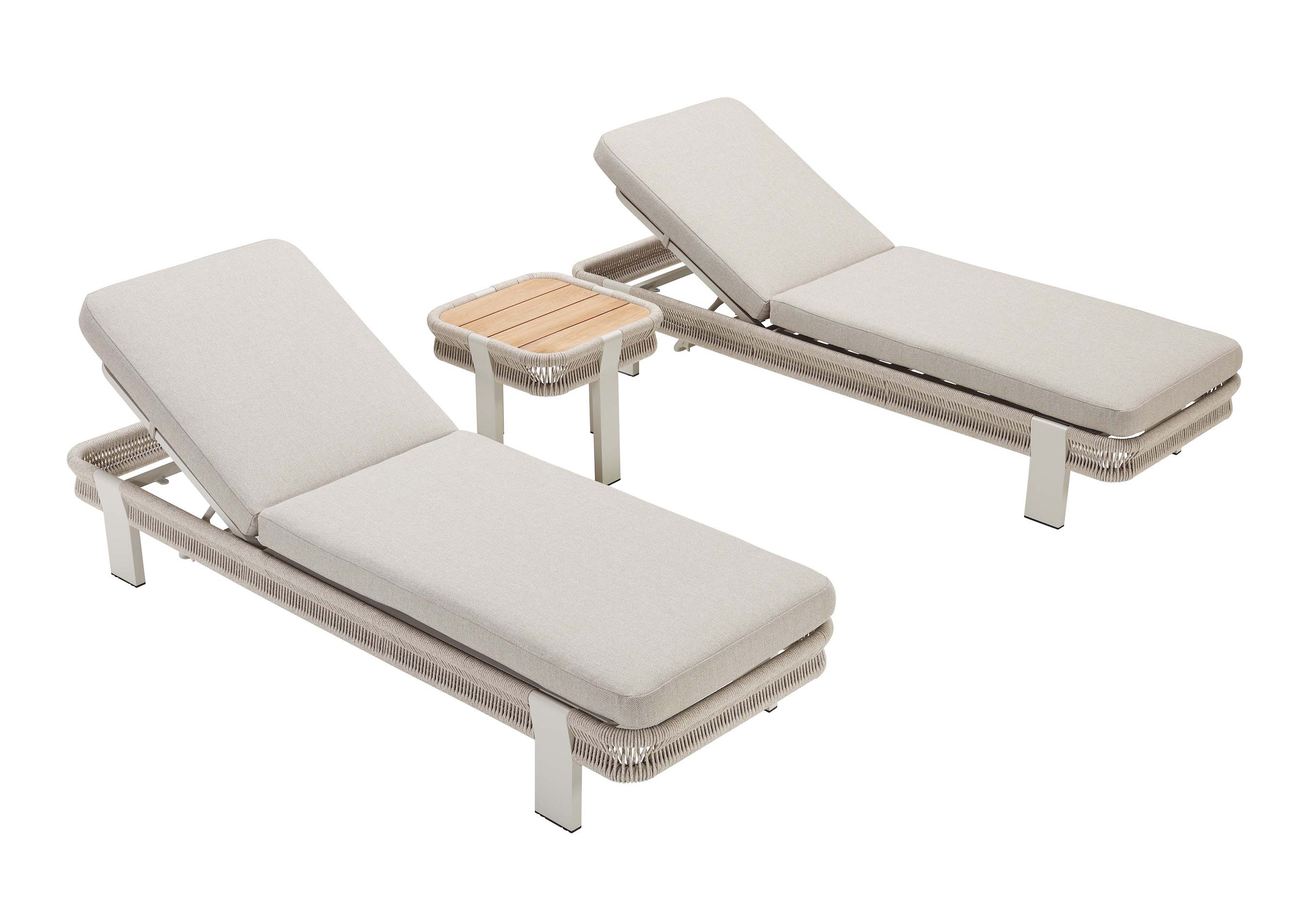 Duo de bain de soleil en aluminium gris moderne avec coussins déhoussables déperlants beige, structure en corde tressée. 