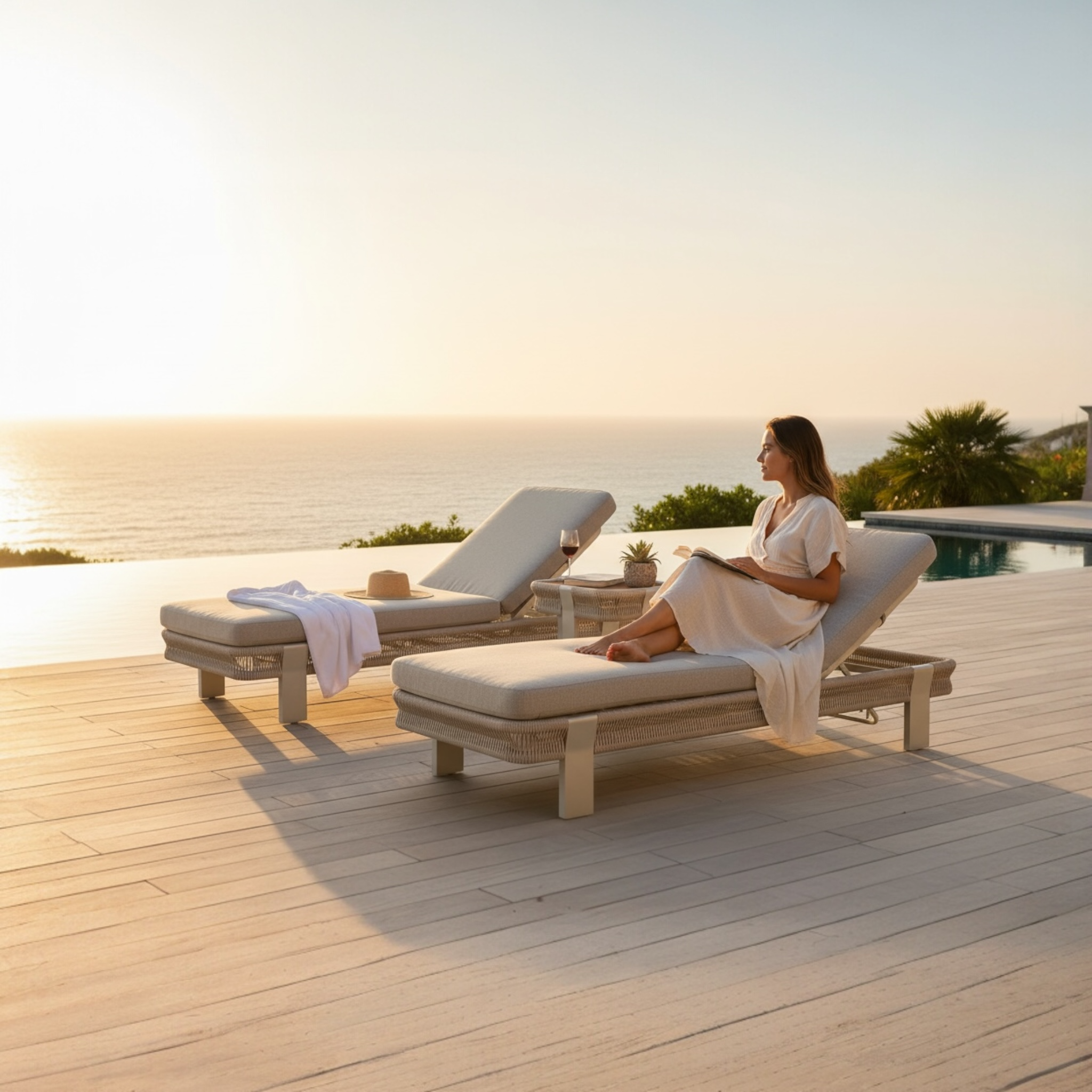 Duo de bains de soleil en aluminium moderne avec corde tressée élégante, coussins déhoussables déperlants et table basse en.