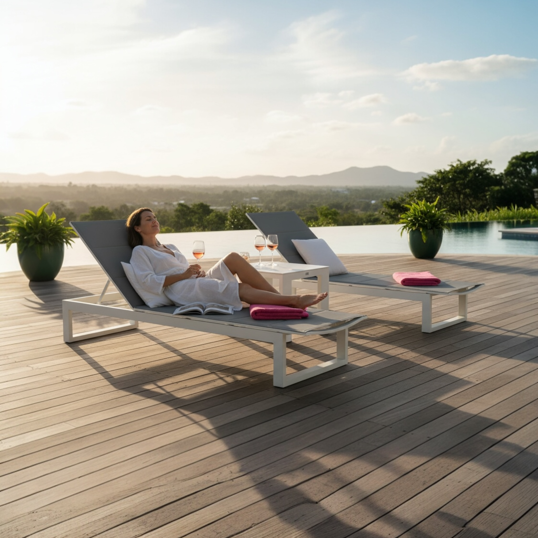 Duo de bains de soleil en aluminium haut de gamme gris anthracite avec dossiers réglables, housses déperlantes en tissu 100%. 