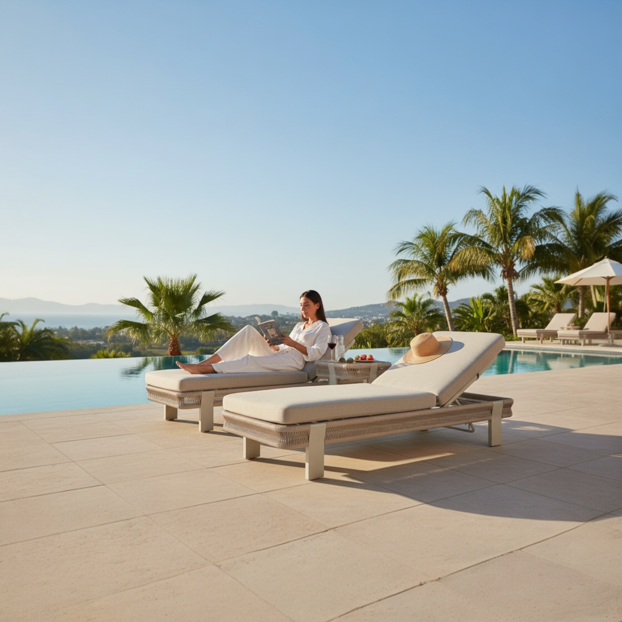 Duo de bains de soleil en aluminium avec corde tressée beige et coussins déhoussables déperlants, table basse en teck FSC. 