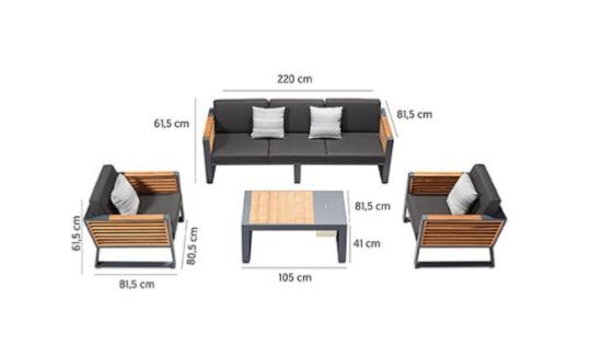 Salon de jardin luxe en aluminium et Teck FSC, canapé trois places et fauteuils avec coussins déhoussables en tissu 100%.