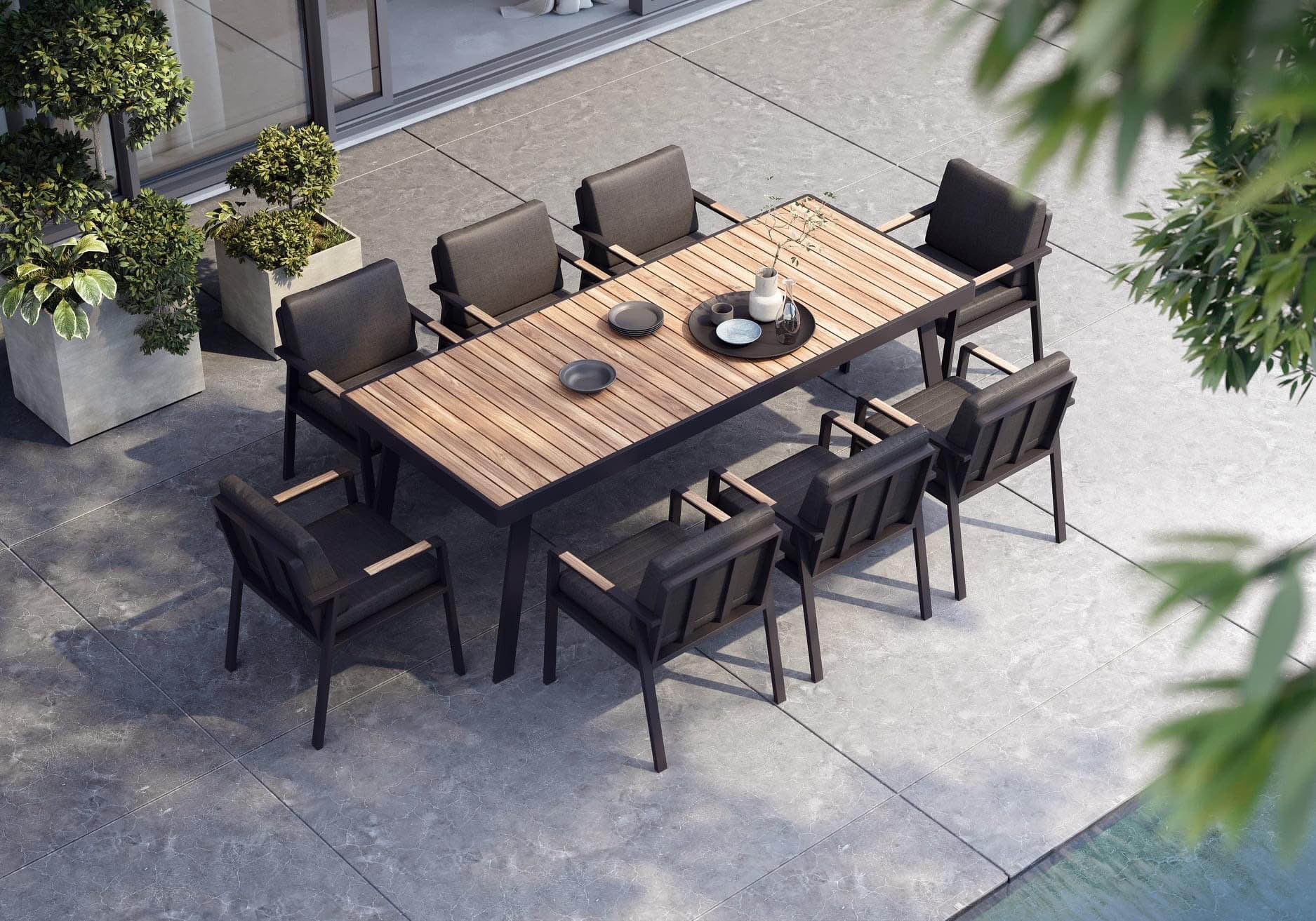 Ensemble repas 8 places en aluminium haut de gamme noir et teck FSC, chaises avec coussins en tissu oléfine, housse.