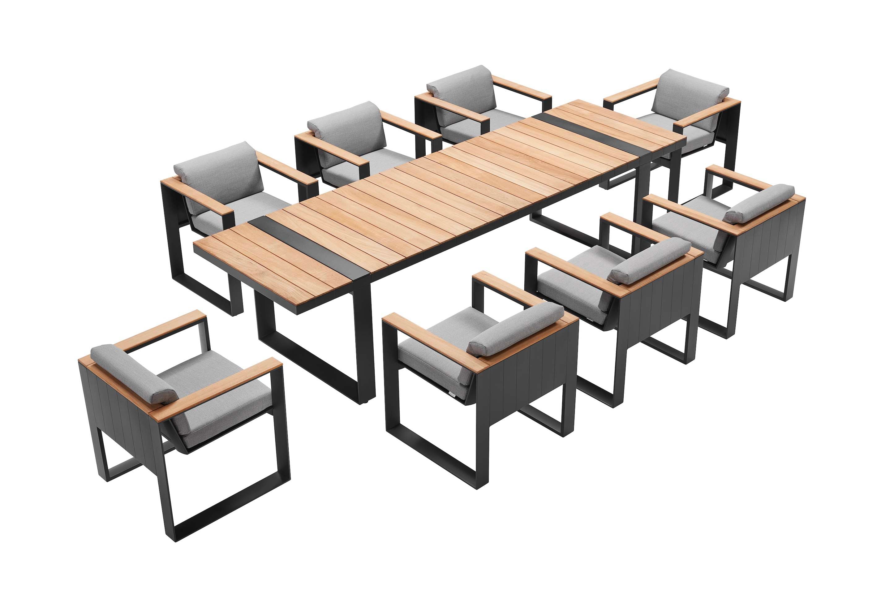 Ensemble repas haut de gamme contemporain avec table en aluminium noir et plateau en Teck SFC, huit fauteuils en aluminium.