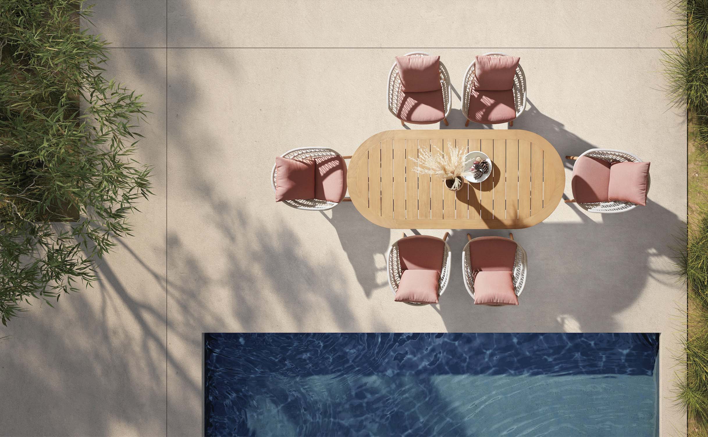 Ensemble repas de jardin en teck FSC et corde tressée rose, six fauteuils avec coussins déhoussables et déperlants, design.