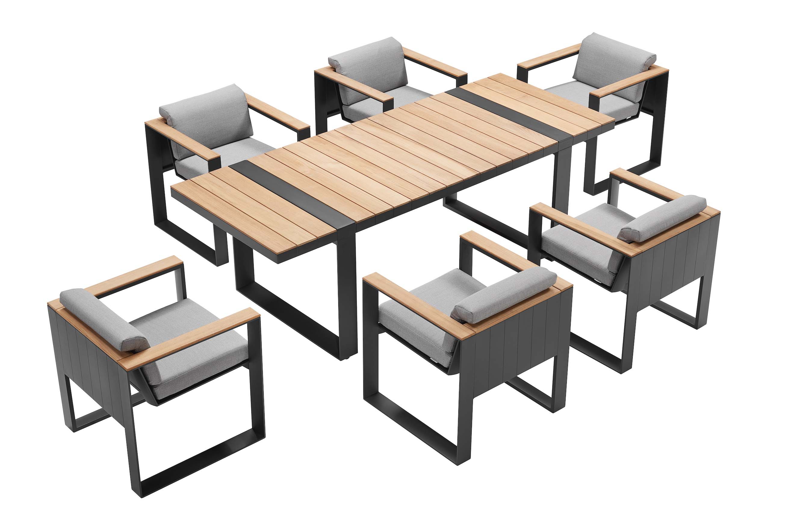 Ensemble repas contemporain 6 places en aluminium noir mat et bois Teck SFC naturel, six fauteuils avec coussins.