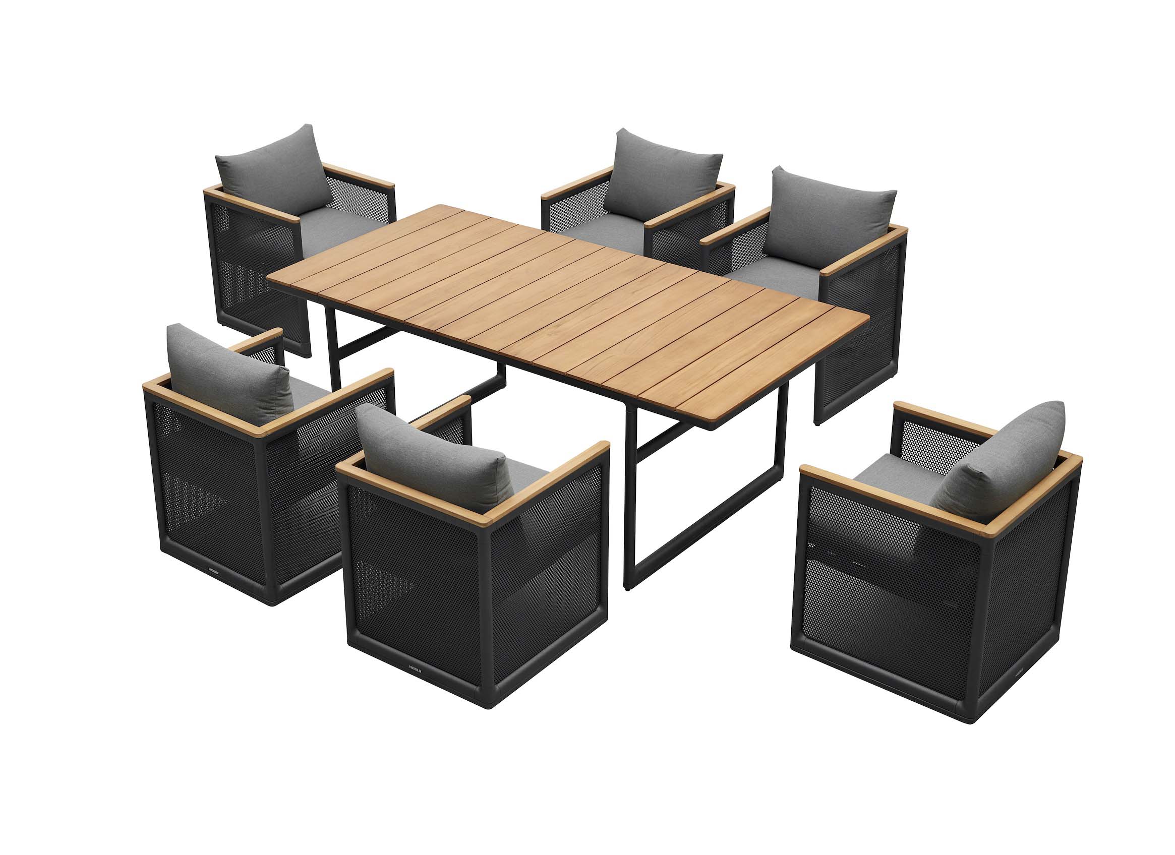 Ensemble repas extérieur 6 places avec structure aluminium noir mat, plateau en teck FSC naturel haut de gamme, fauteuils.