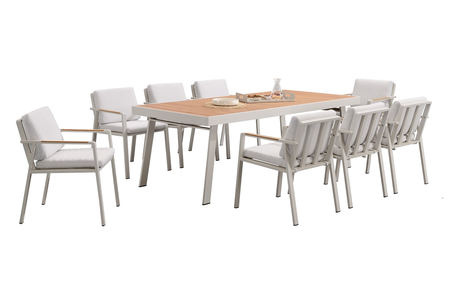 Ensemble repas jardin 8 places avec table en aluminium haut de gamme et plateau teck FSC, 8 fauteuils en aluminium design.