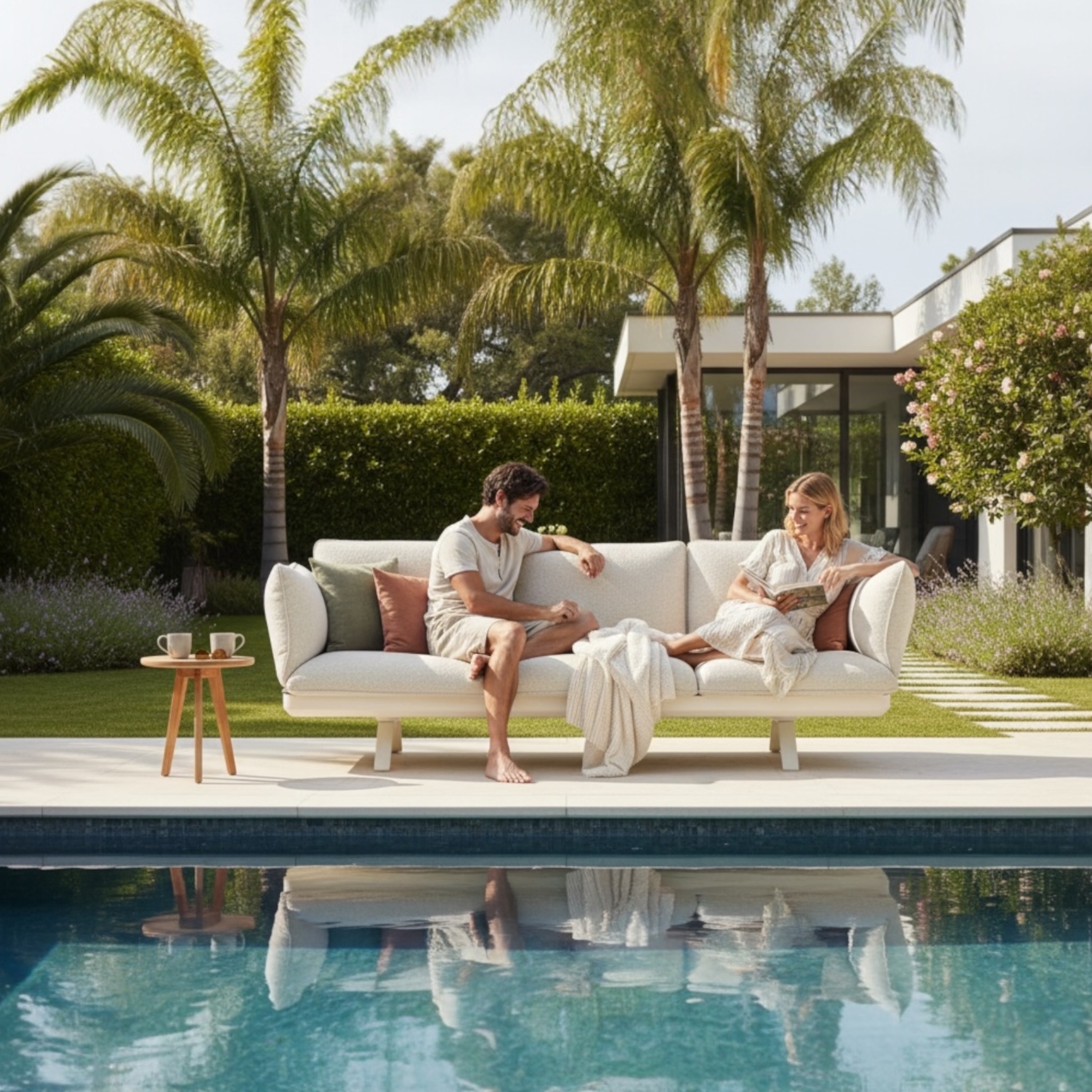 Canapé de jardin 3 places transformable en bain de soleil aluminium 
