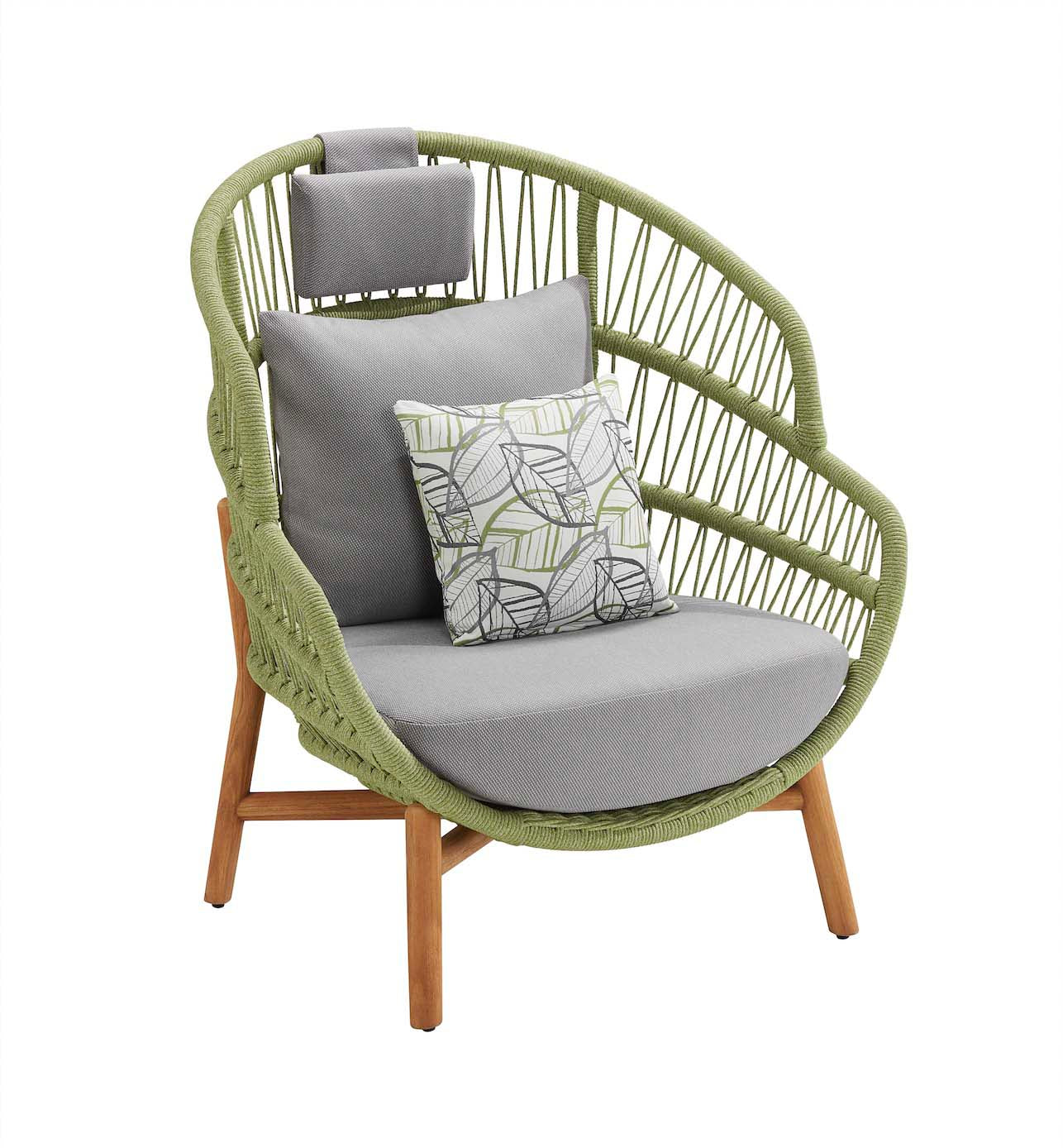 Fauteuil œuf extérieur en corde tressée verte, structure en teck FSC, coussins déhoussables gris et rose à motif floral.