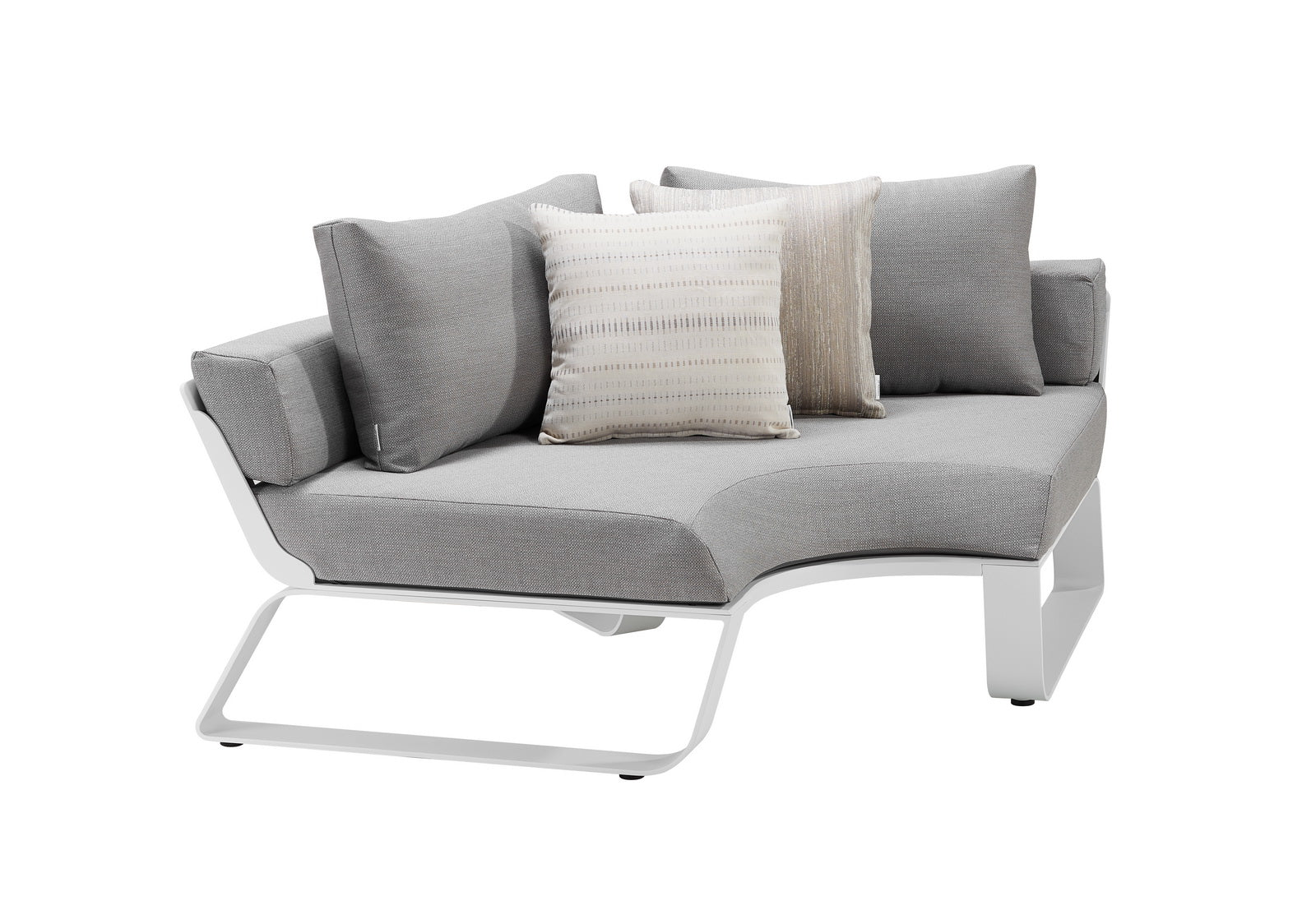 Canapé d’angle en aluminium blanc léger avec structure en Teck FSC haut de gamme, coussins gris doux et beige, design.