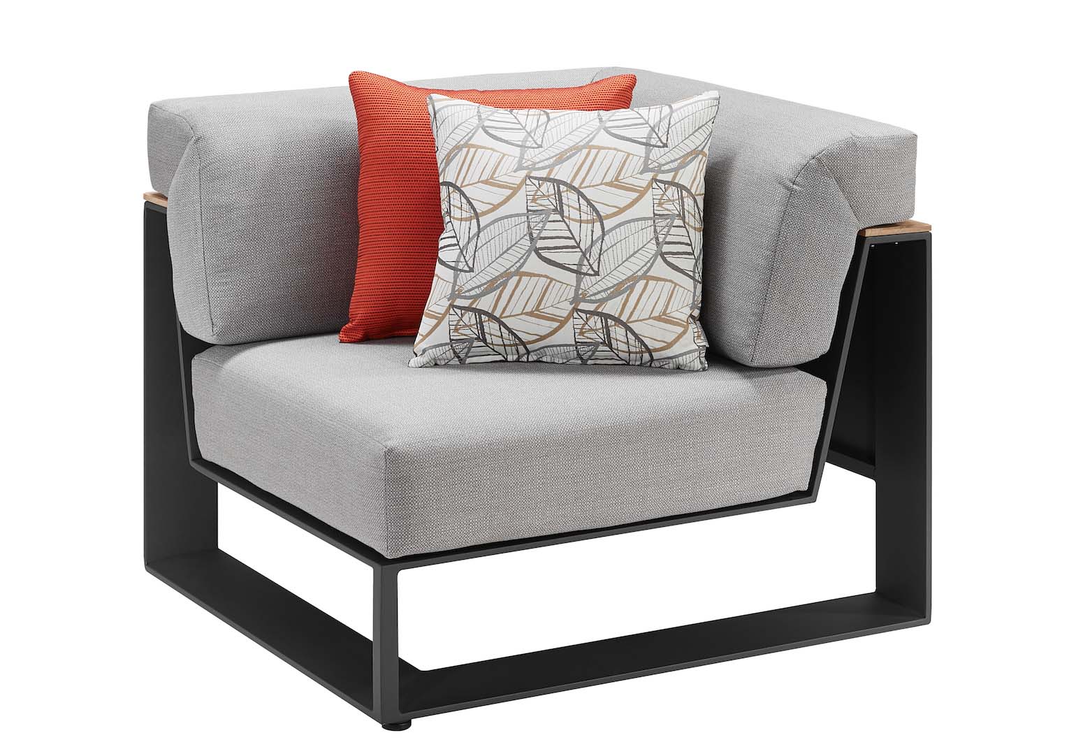 Fauteuil d'angle contemporain en aluminium noir et teck SFC, coussins gris en tissu acrylique déperlant, coussins.