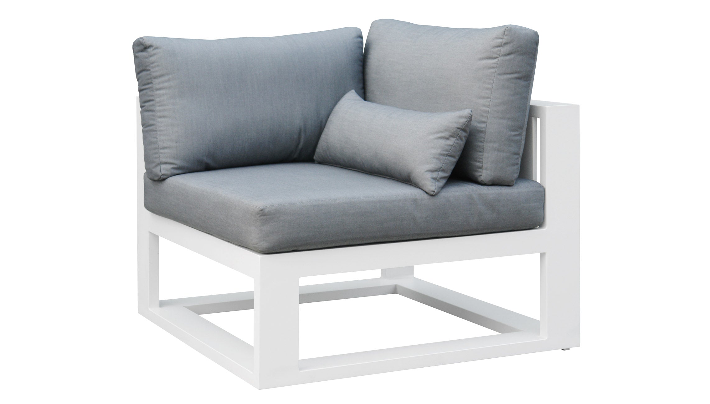 Salon d'angle en aluminium haut de gamme blanc, coussins gris en tissu 100% oléfine avec housse déperlante et déhoussable. 