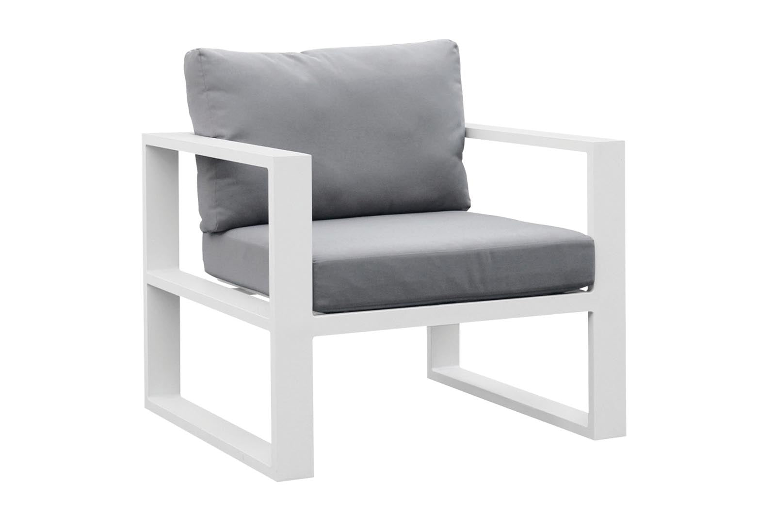 Fauteuil d'angle modulable en aluminium blanc haut de gamme avec coussins gris, design élégant et durable pour jardin.