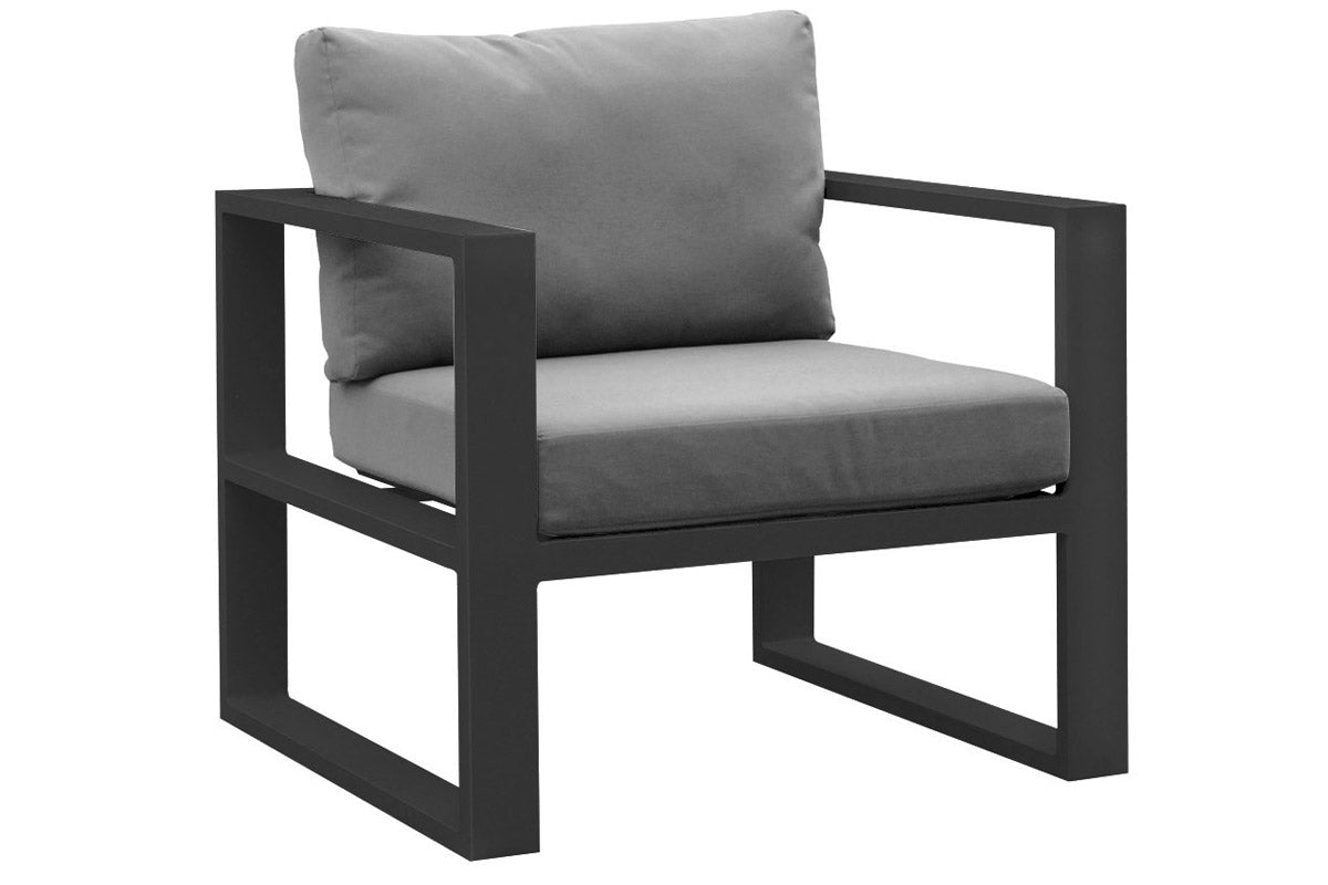 Fauteuil d'angle modulable en aluminium noir mat, coussins gris épais, design haut de gamme et élégant pour jardin extérieur .
