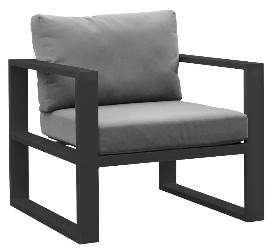 Fauteuil modulable salon de jardin luxe en aluminium noir mat, coussins gris épais, design épuré et durable, style.