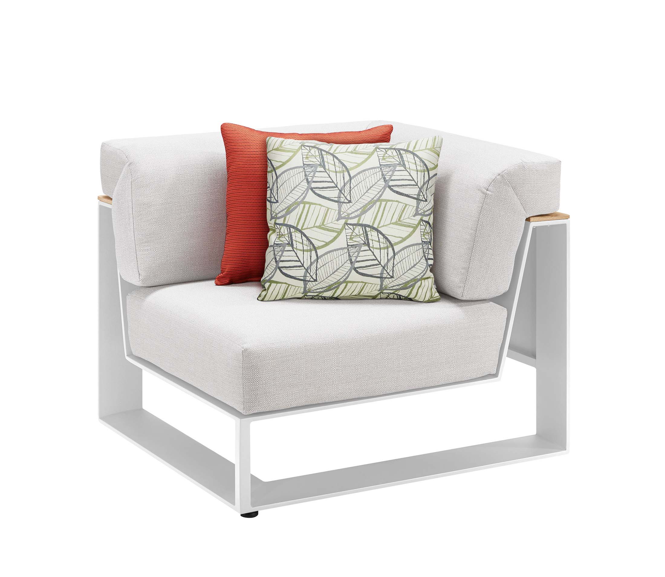 Fauteuil d'angle en aluminium blanc contemporain avec coussins en tissu acrylique beige, déhoussables et déperlants
