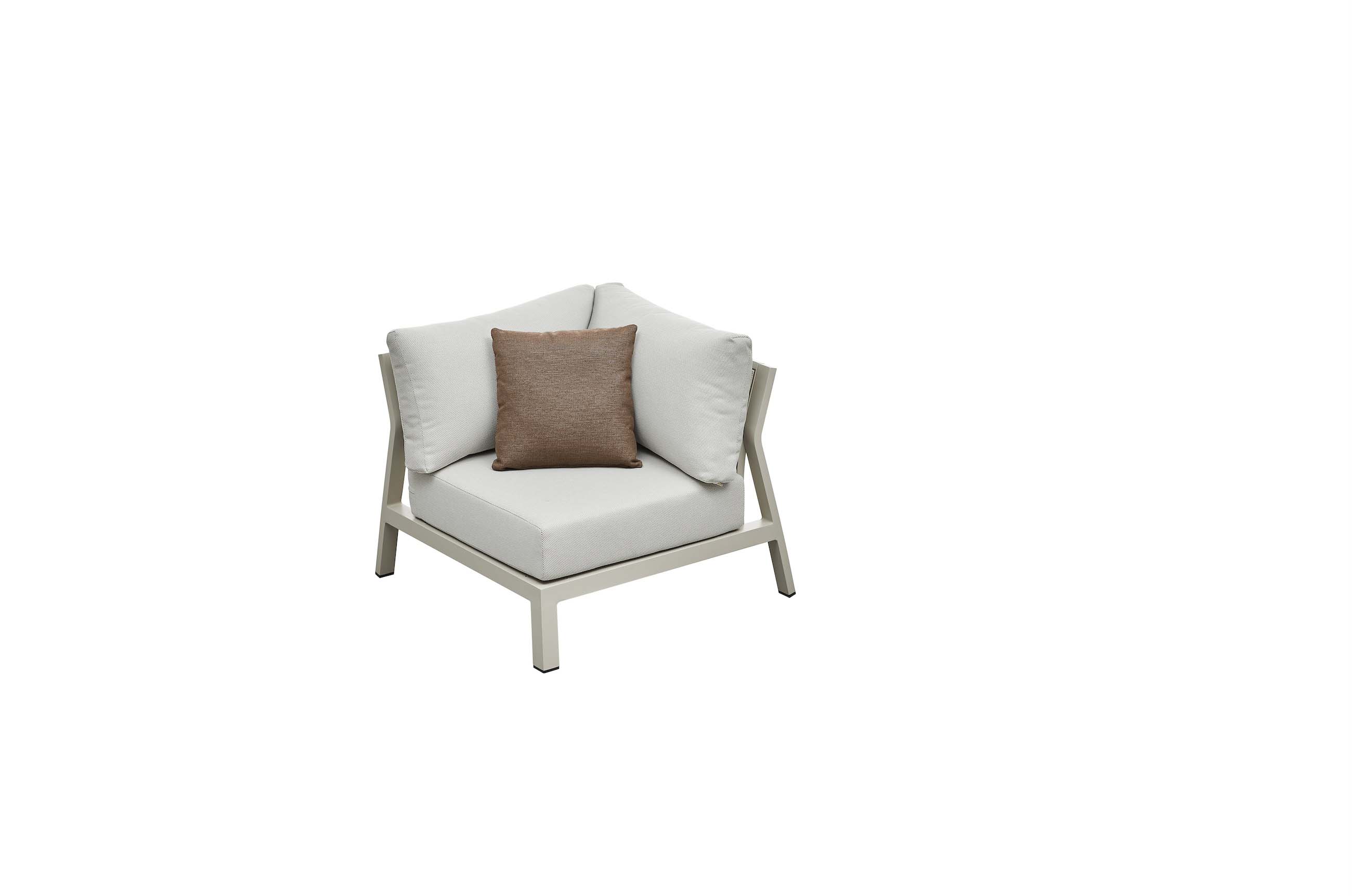 Angle de canapé de jardin en aluminium haut de gamme, coussins épais blancs, oreiller marron, design élégant pour terrasse.