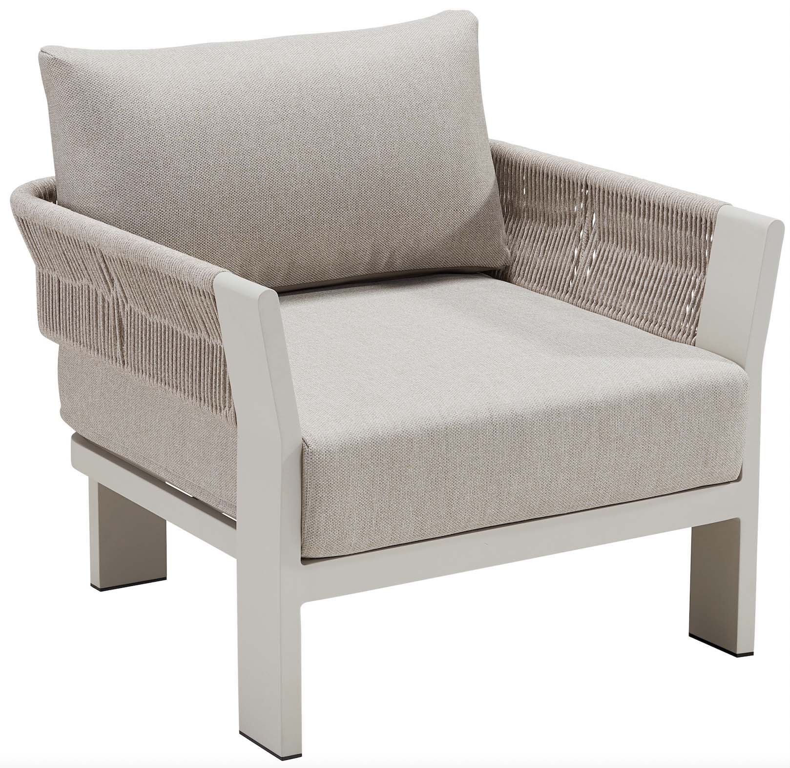 Fauteuil d'extérieur moderne en aluminium blanc avec accoudoirs en corde tressée beige, coussin déhoussable déperlant en.
