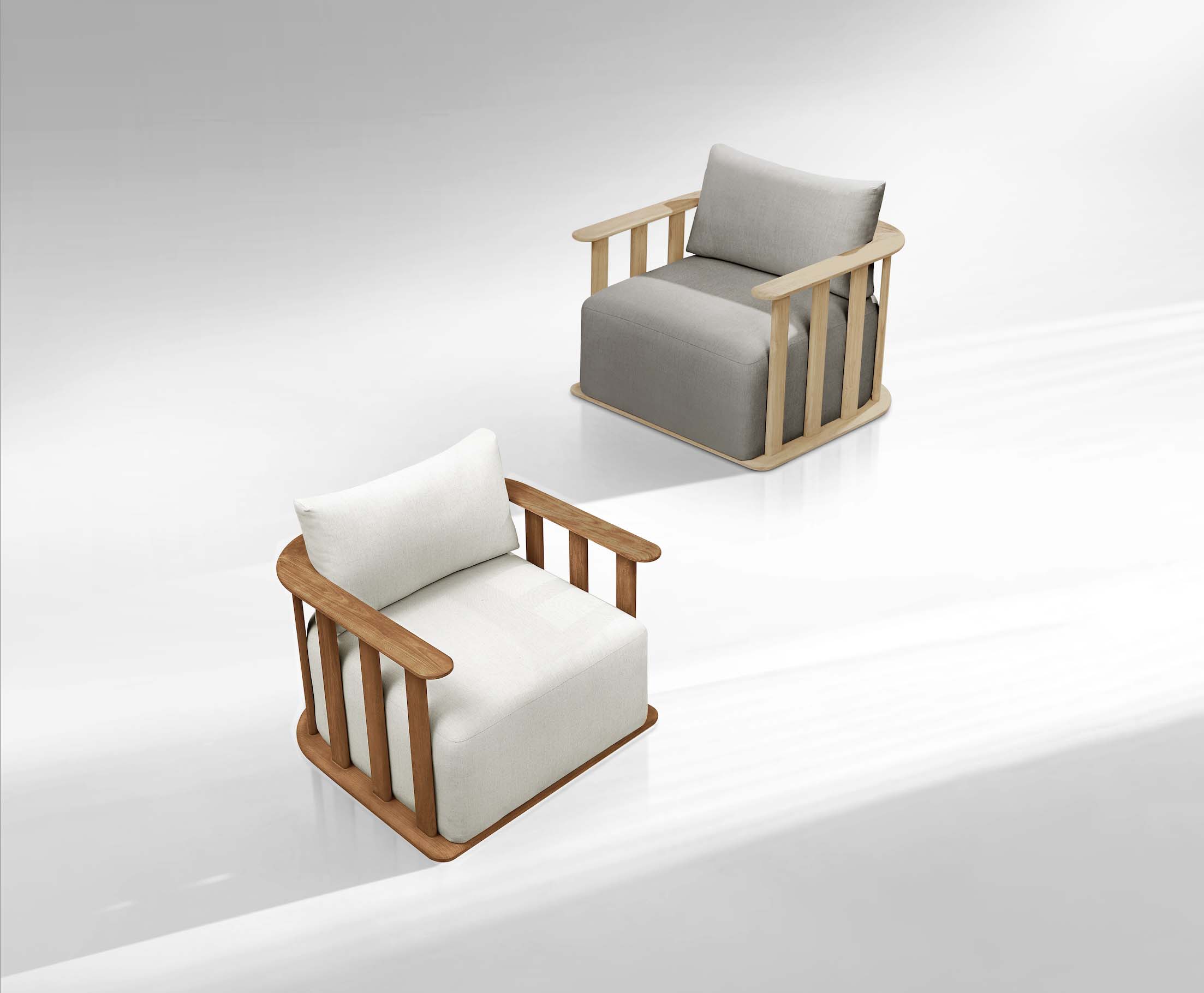 Fauteuils en teck FSC massif, design italien, coussins luxe en tissu acrylique déperlant, housse déhoussable. 