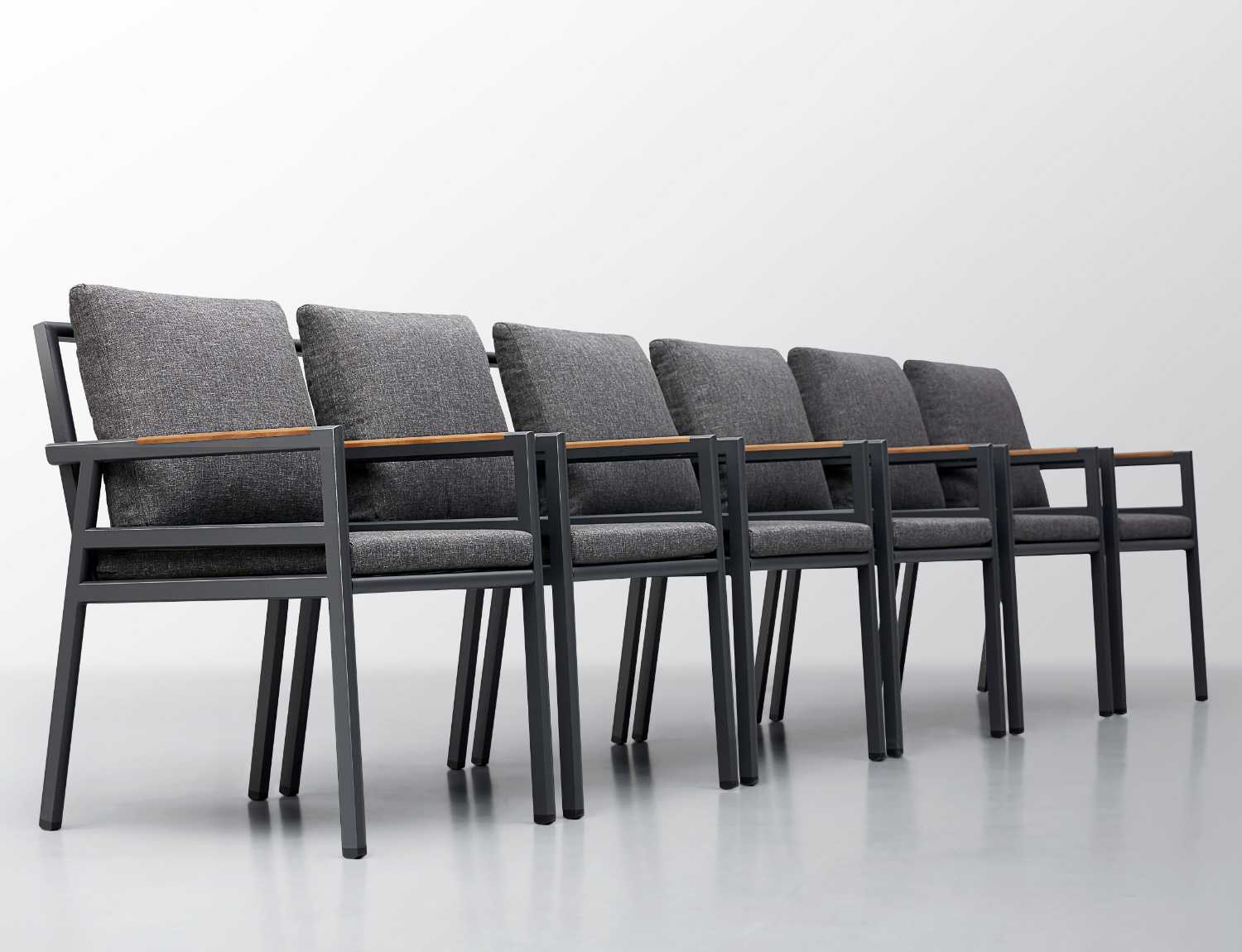 Ensemble repas extérieur 6 places avec structure aluminium inoxydable noire, accoudoirs en teck FSC, chaises rembourrées.
