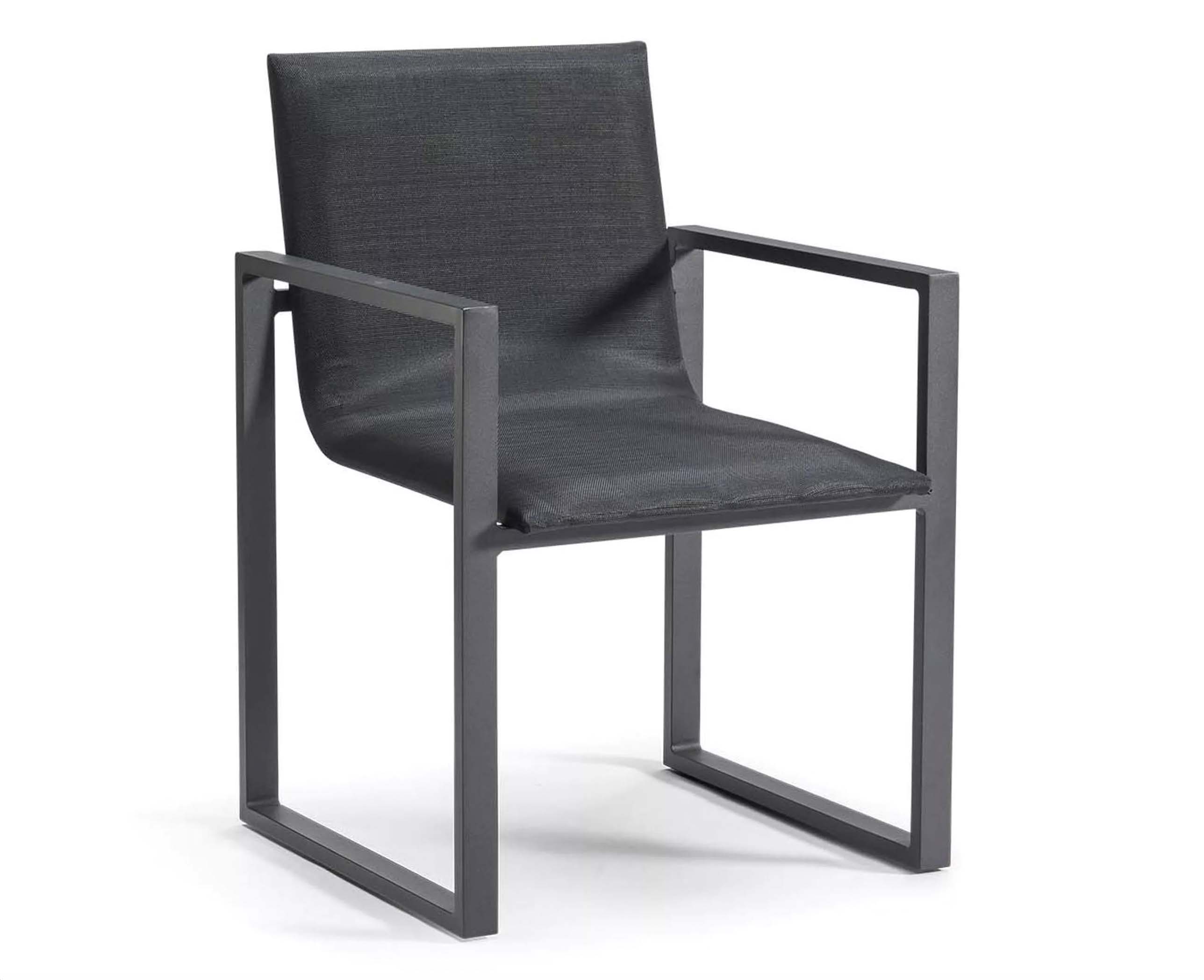 Chaise de jardin noir en aluminium haut de gamme, design moderne aux lignes épurées, tissu 100% oléfine gris foncé avec.