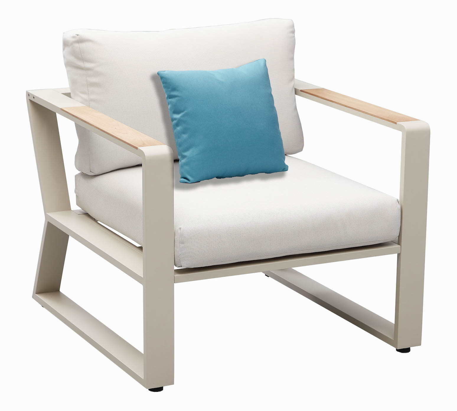 Fauteuil de salon en aluminium haut de gamme avec accoudoirs en teck FSC, coussins en tissu fibre oléfine beige et coussin.