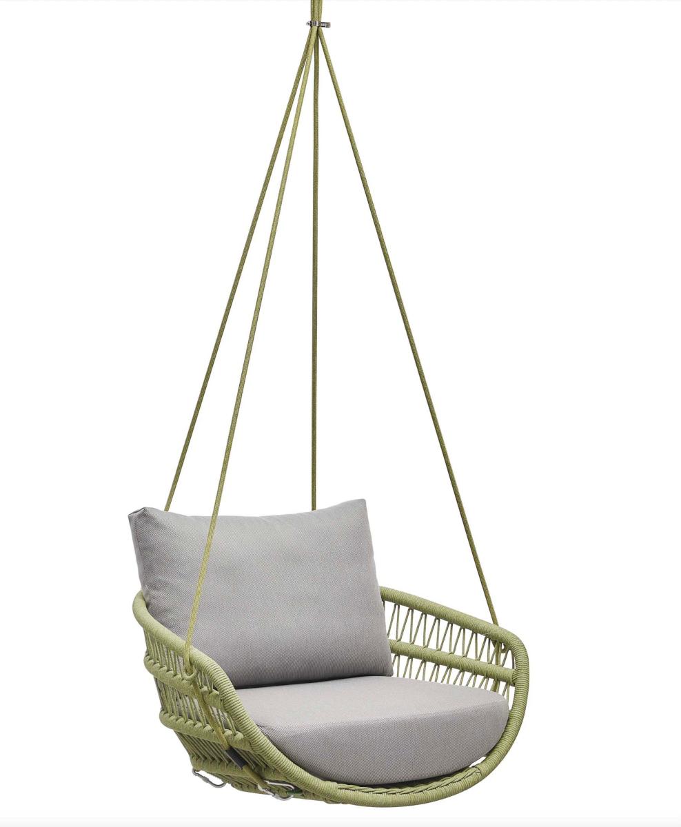 Fauteuil balançoire suspendu en corde tressée vert olive avec structure teck FSC, coussins déhoussables gris déperlants
