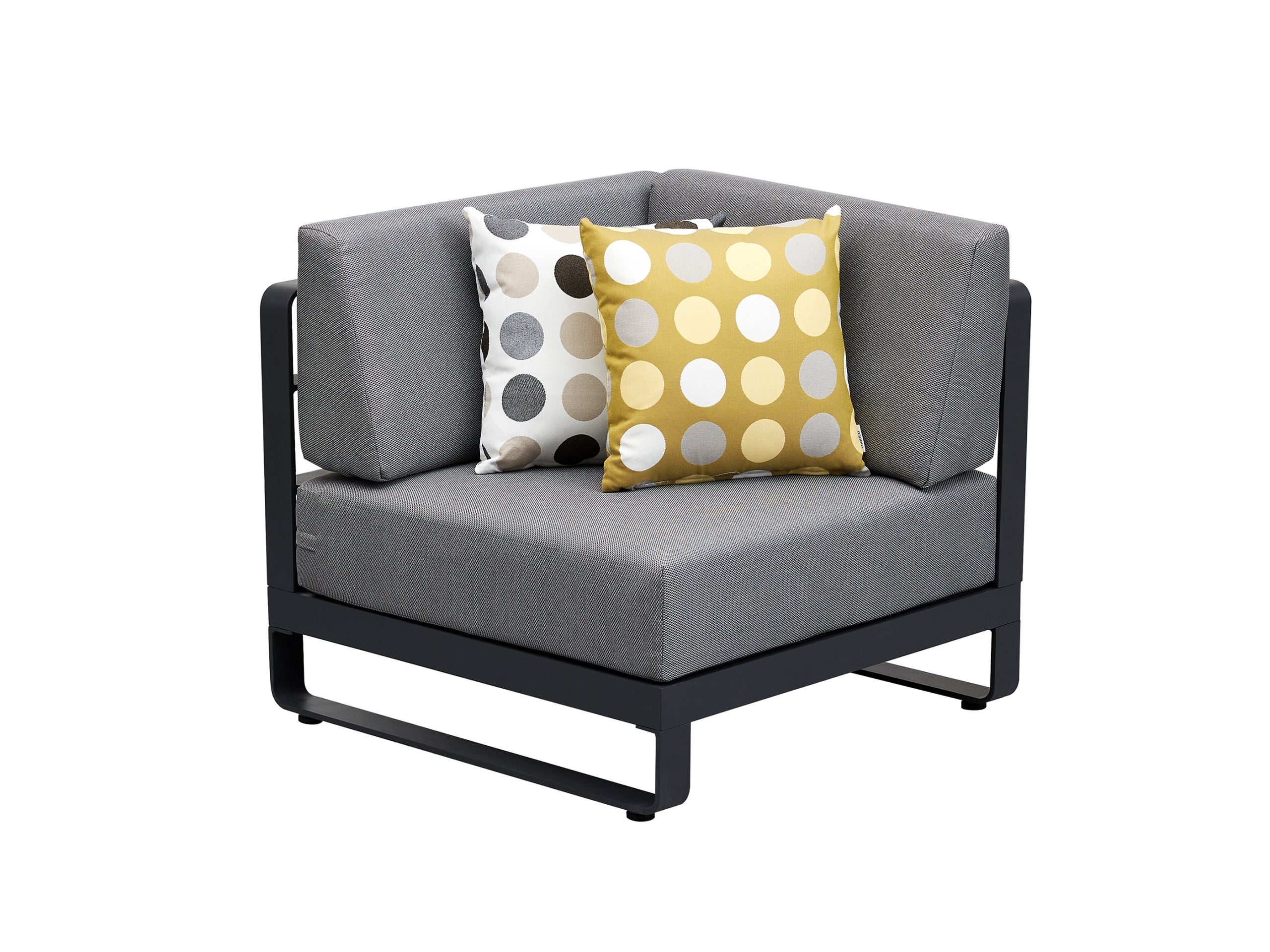 Canapé d'angle élégant en aluminium haut de gamme noir mat, assise et dossier en tissu 100% oléfine gris, coussins.