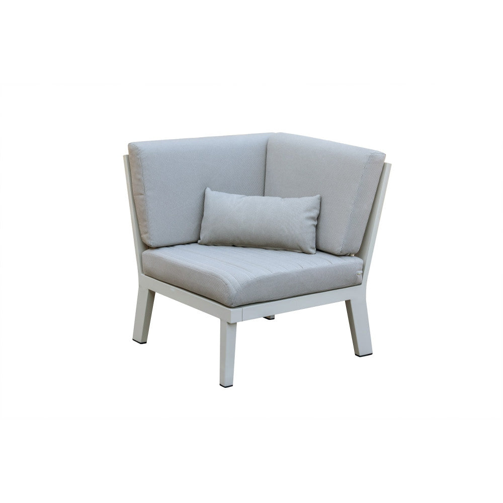 Salon de jardin d'angle en aluminium haut de gamme blanc avec assise en tissu oléfine gris clair, coussin déhoussable. 