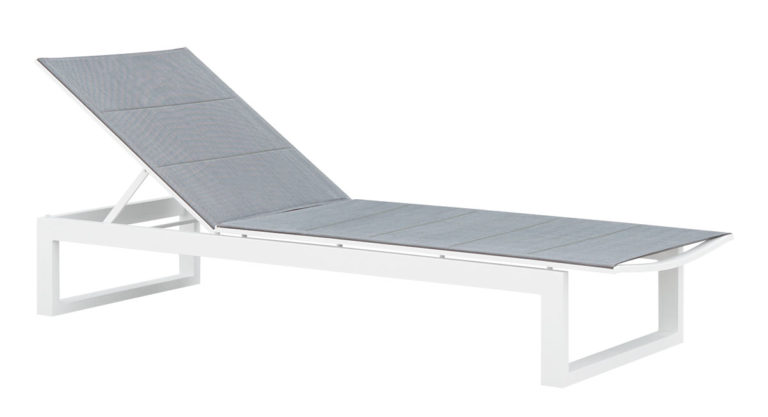 Bain de soleil en aluminium haut de gamme blanc avec dossier réglable, tissu 100% oléfine gris, housse déperlante. 