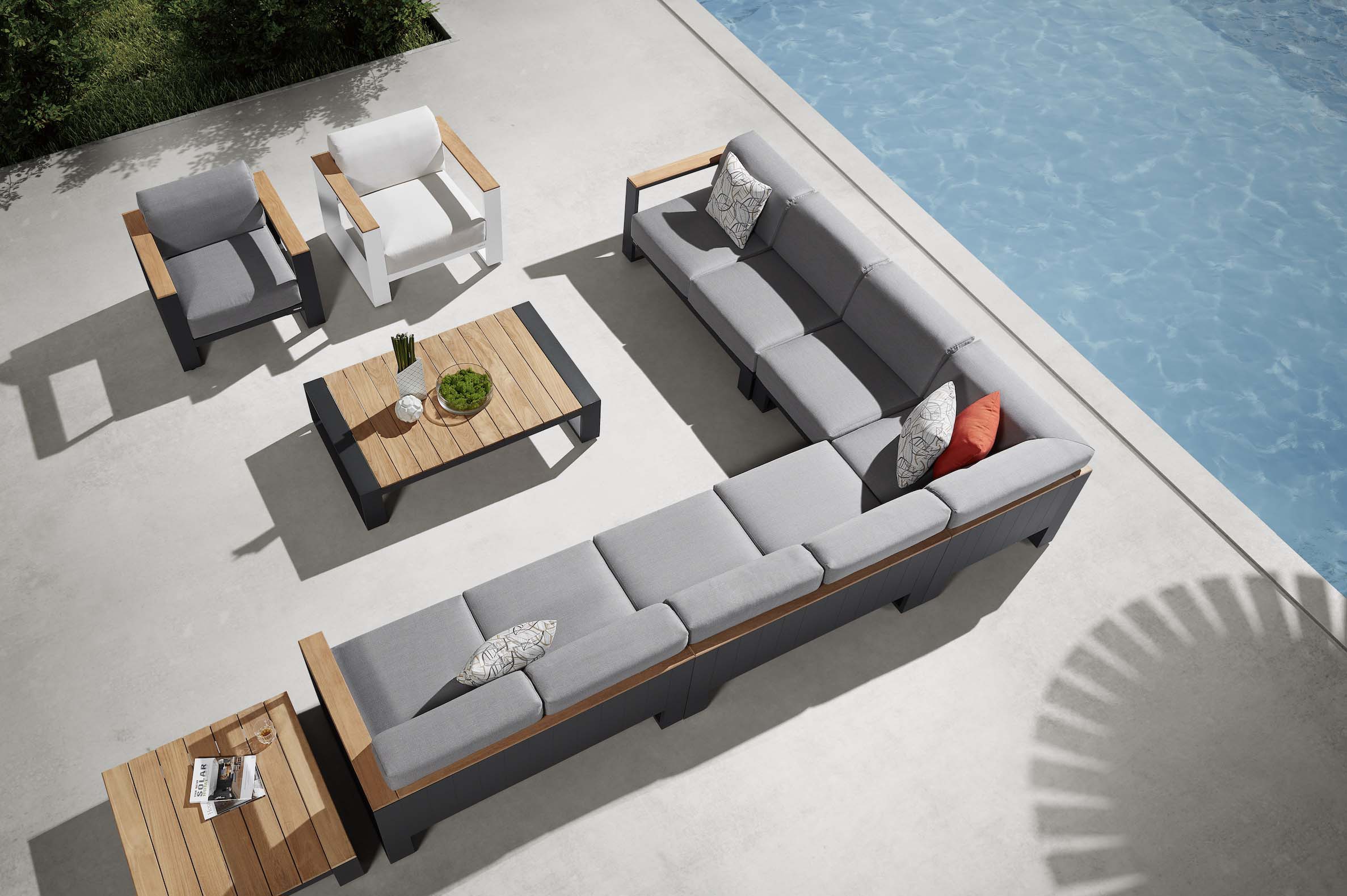 Salon de jardin modulable Sofy en aluminium noir et teck SFC, coussins déhoussables en tissu acrylique gris clair, design.