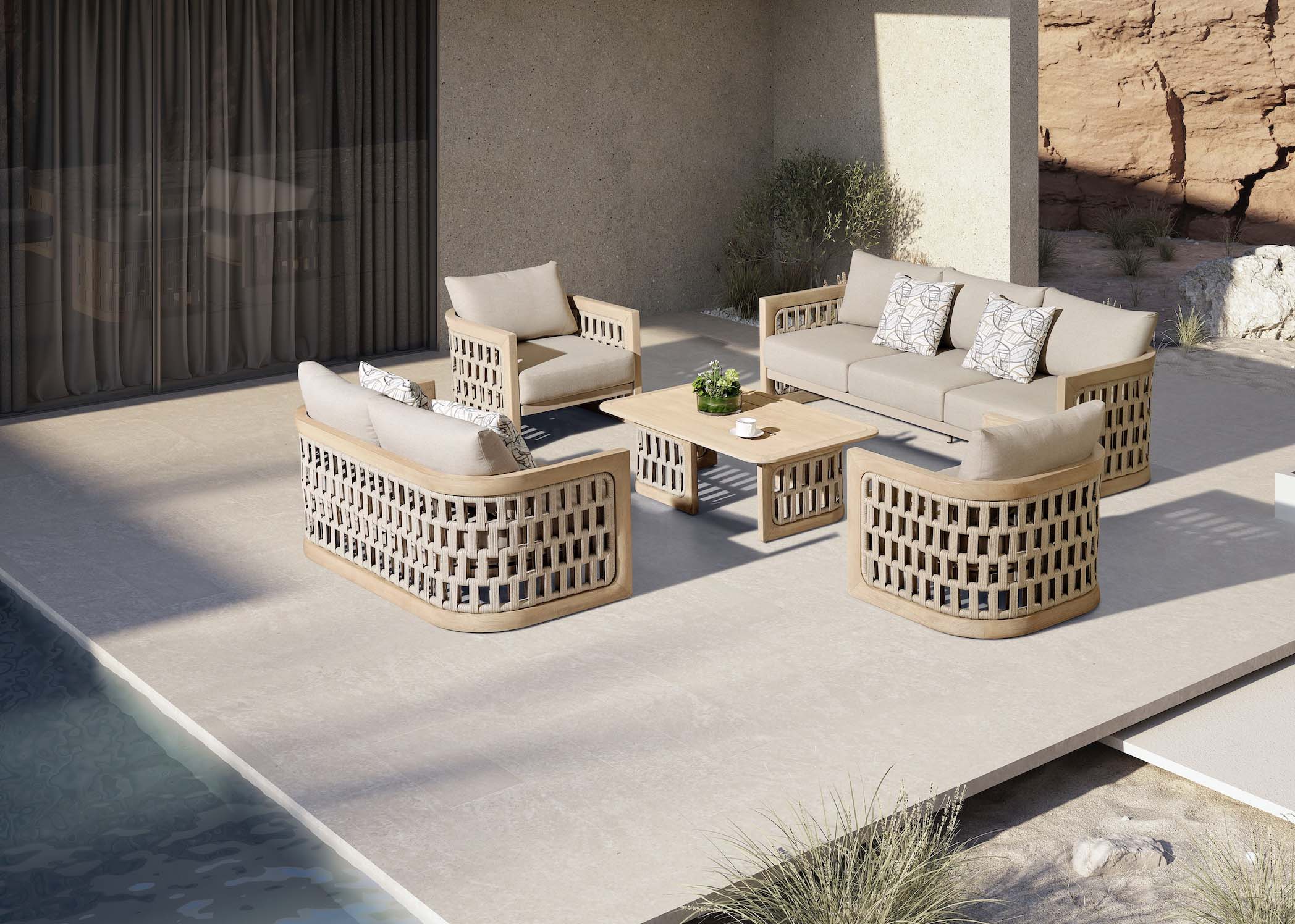 Salon de jardin luxe 7 places en TECK FSC et corde tressée beige, coussins déhoussables en fibre acrylique déperlante. 