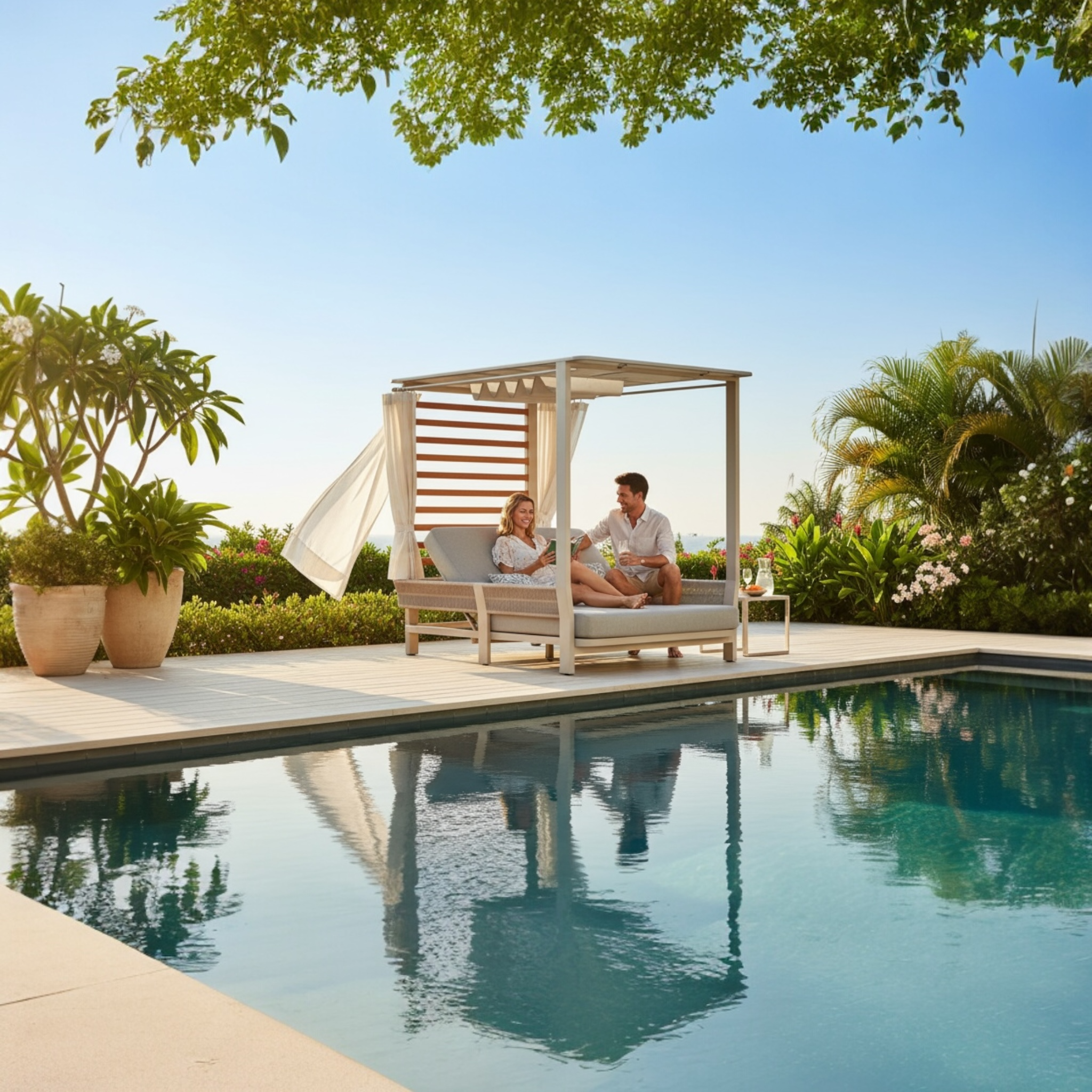Lit de piscine double en aluminium moderne avec structure en teck FSC, corde tressée élégante, coussin déhoussable.