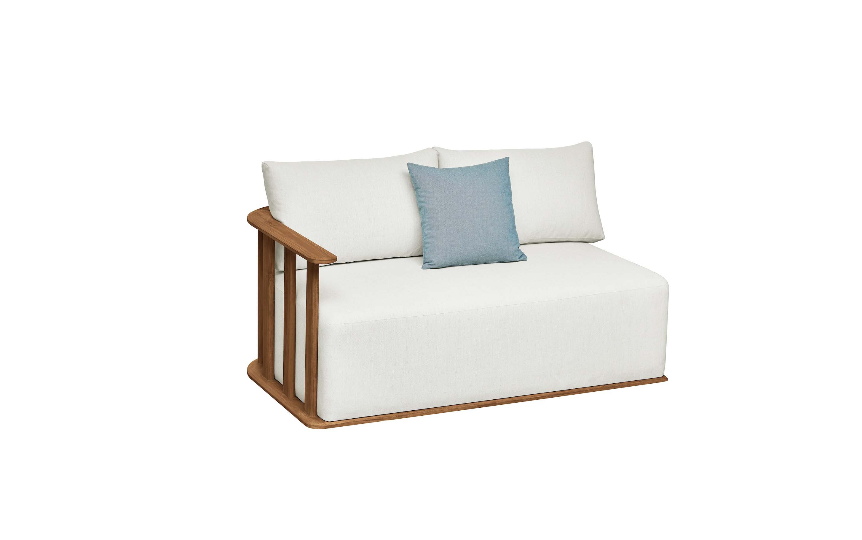 Canapé d’angle en teck massif FSC avec coussins blancs en tissu acrylique déperlant, design italien luxueux, housse.