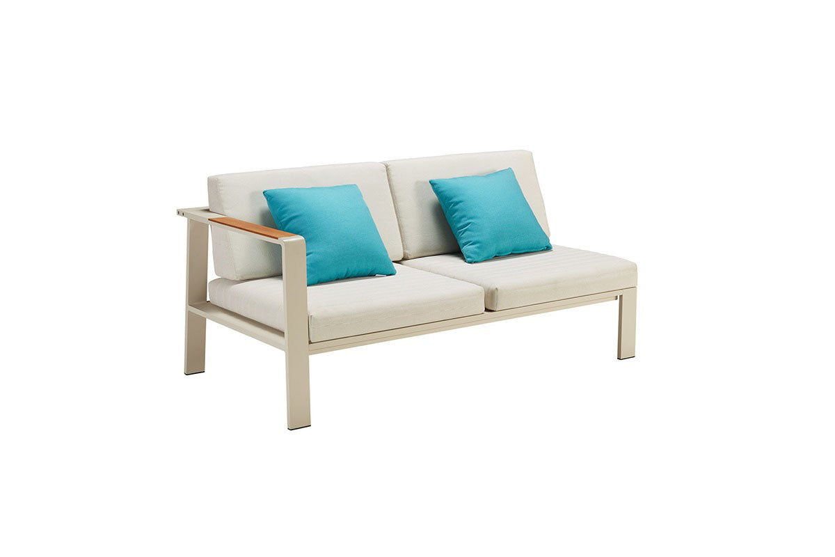 Grand salon de jardin luxe en aluminium haut de gamme et teck FSC, coussins en tissu oléfine beige, housse déperlante. 