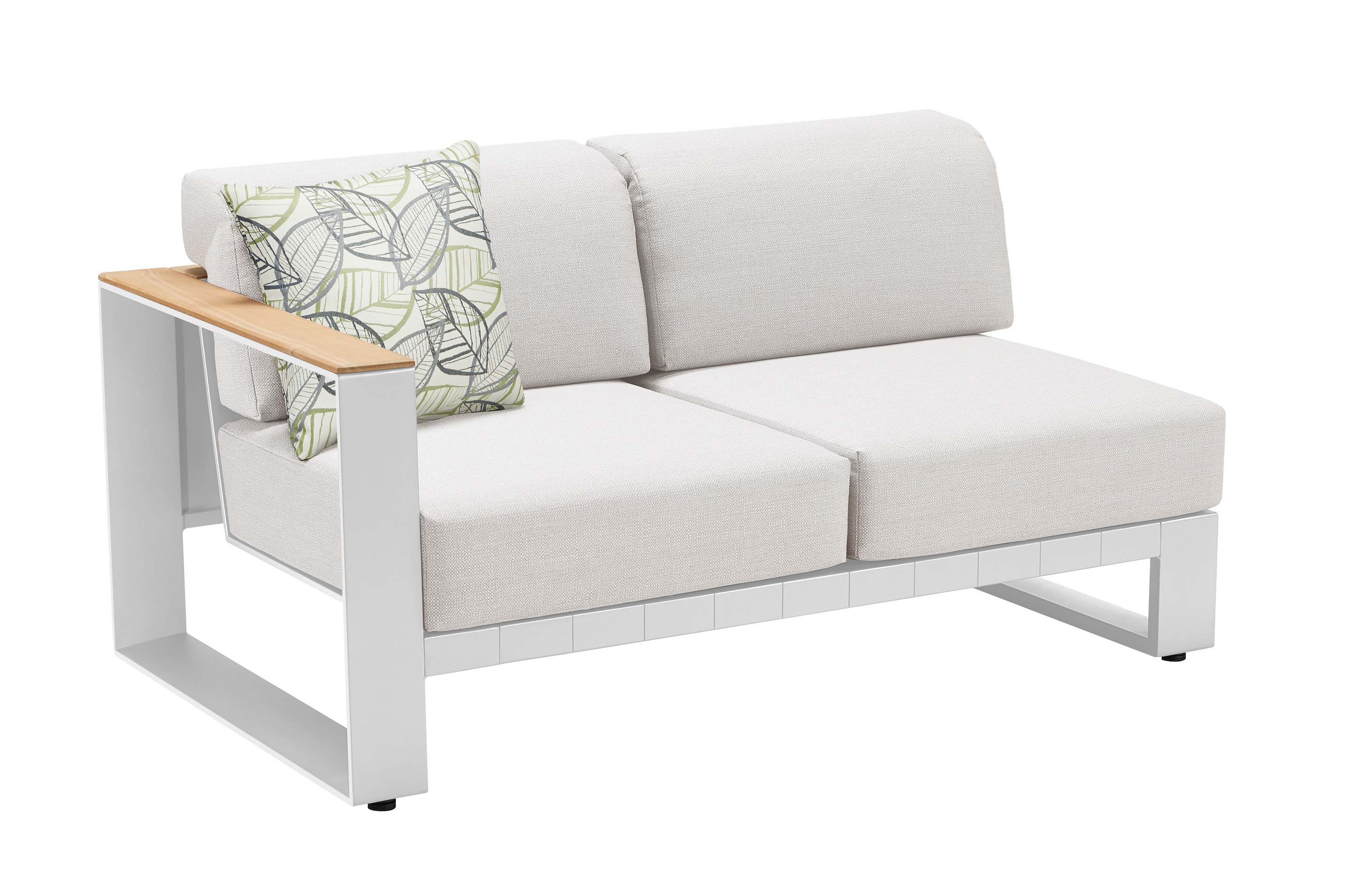 Salon de jardin d'angle blanc en aluminium avec accoudoir en Teck SFC, coussins en tissu acrylique beige clair, déhoussables .