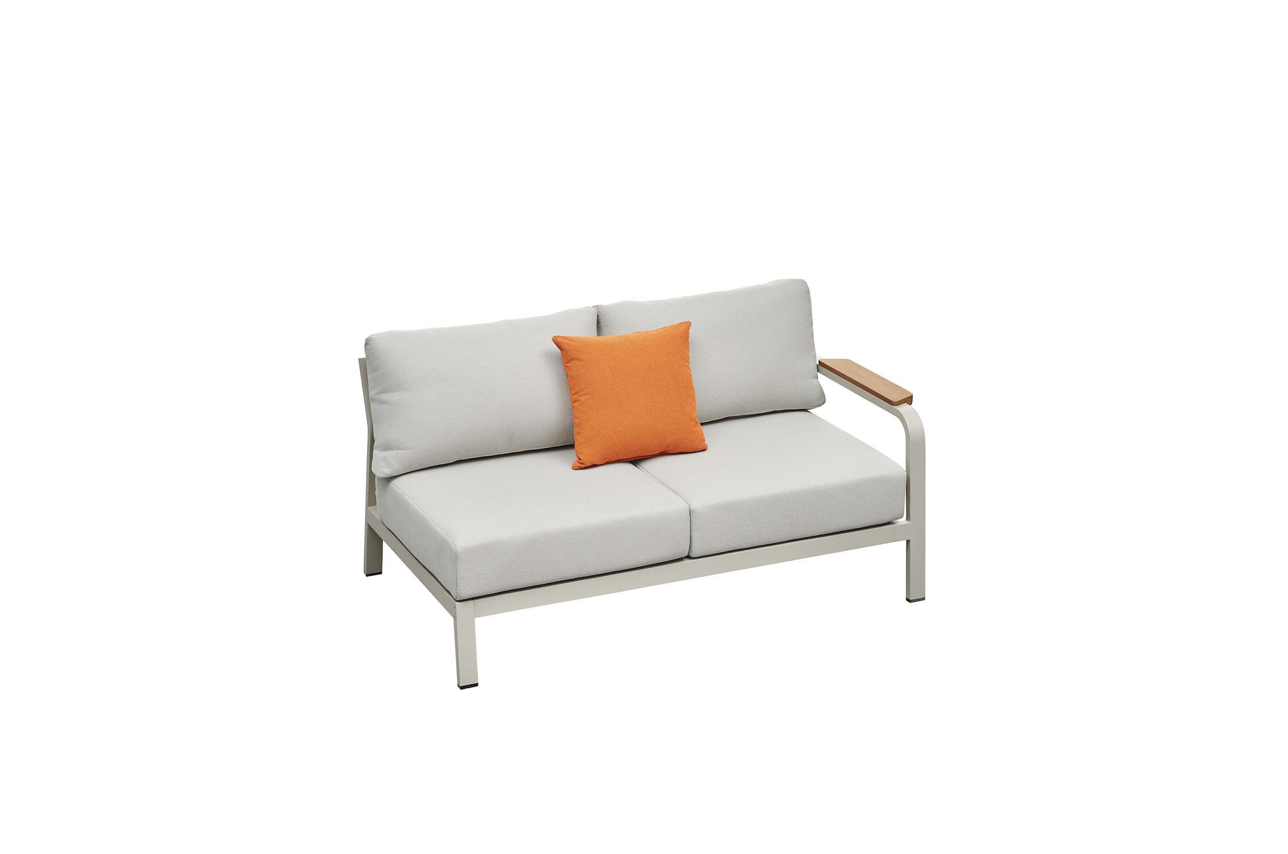 Canapé de jardin 2 places en aluminium haut de gamme avec accoudoirs en teck FSC, coussins épais en textilène beige, design.