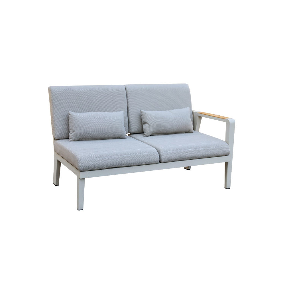 Salon de jardin d’angle en aluminium haut de gamme blanc, coussins en tissu oléfine gris avec housse déperlante. 