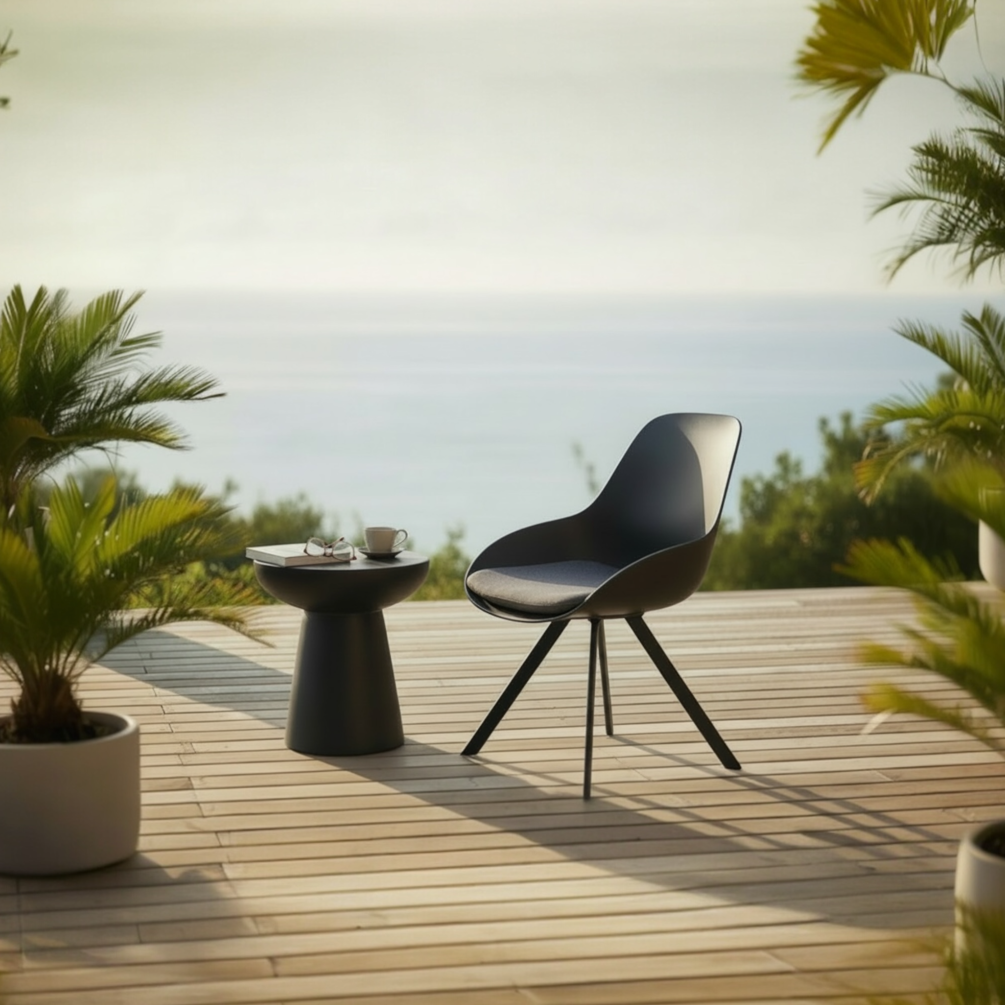Chaise de jardin MONDO en aluminium noir et polyéthylène noir avec coussin d'assise moelleux, design scandinave et pieds traités époxy. 