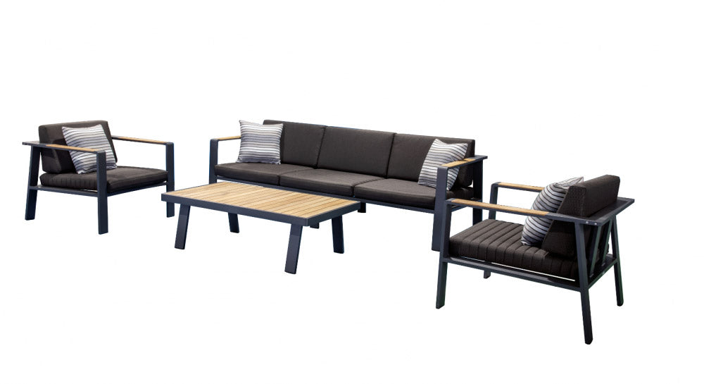 Salon de jardin 5 places en aluminium haut de gamme noir et teck FSC, design luxueux méditerranéen avec coussins en tissu.
