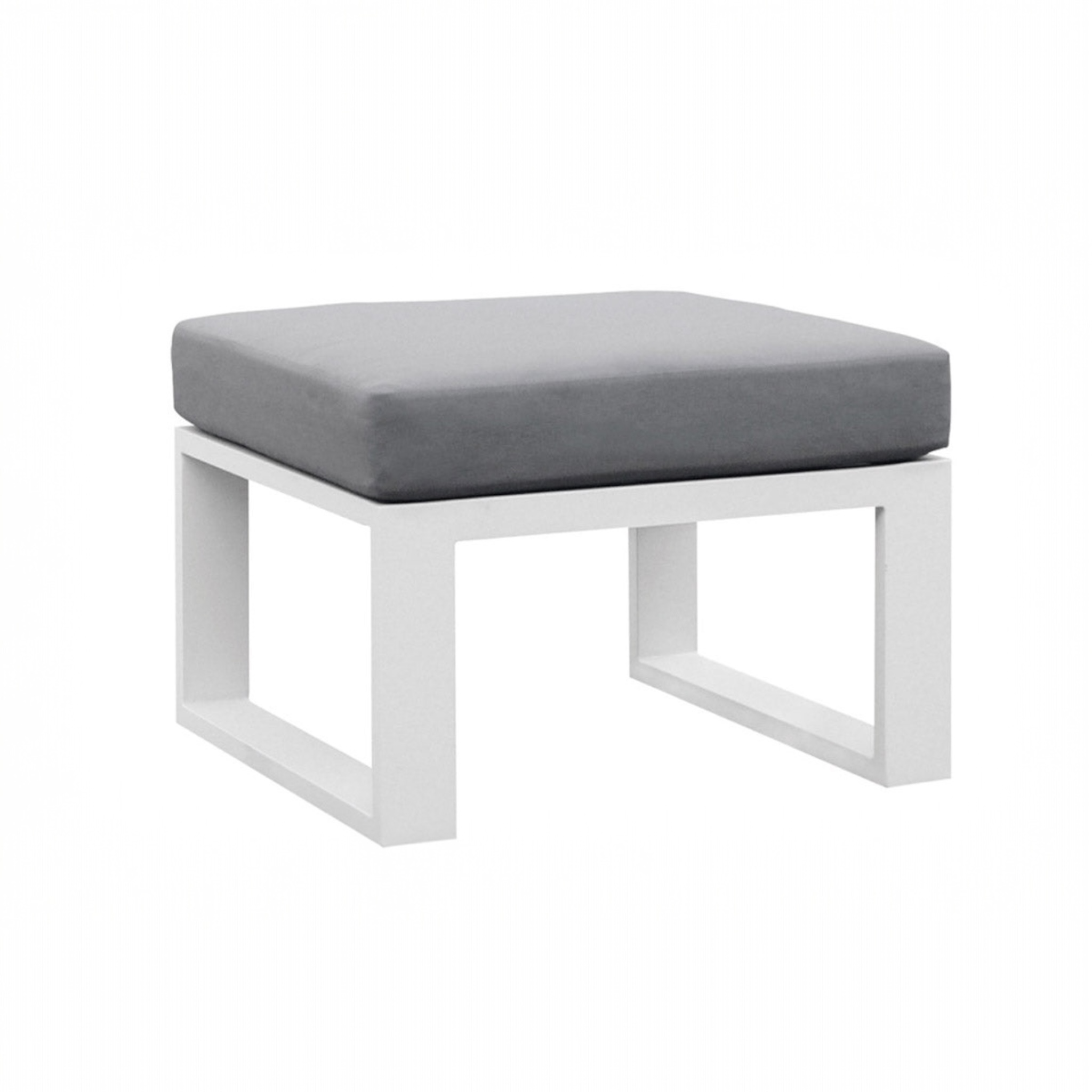 Pouf modulable en aluminium blanc mat avec coussin gris épais, design épuré et haut de gamme pour jardin extérieur luxe. 