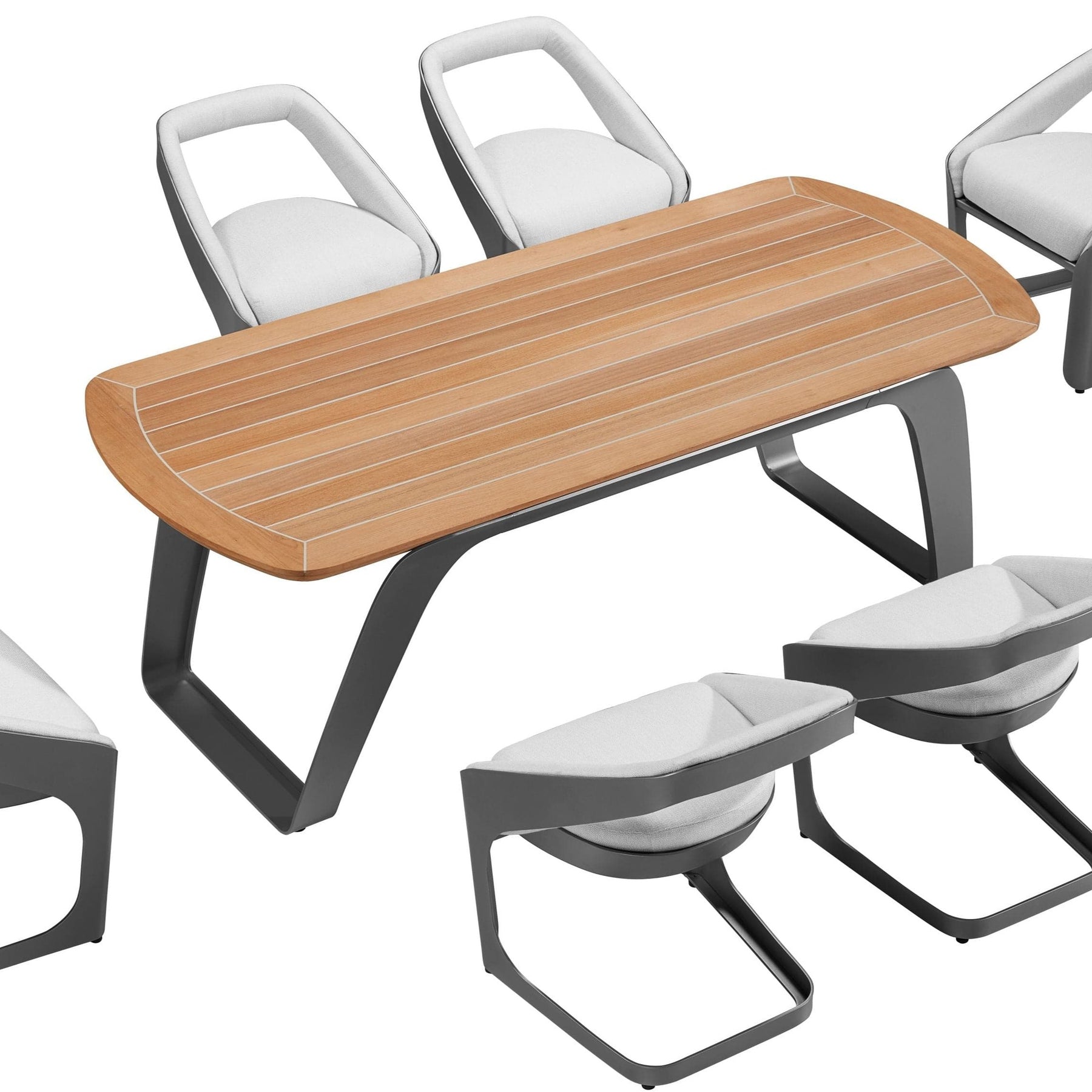 Ensemble repas luxe ONDA avec plateau Teck FSC rectangulaire aux lignes courbées, chaises en tissu Sunbrella gris clair. 