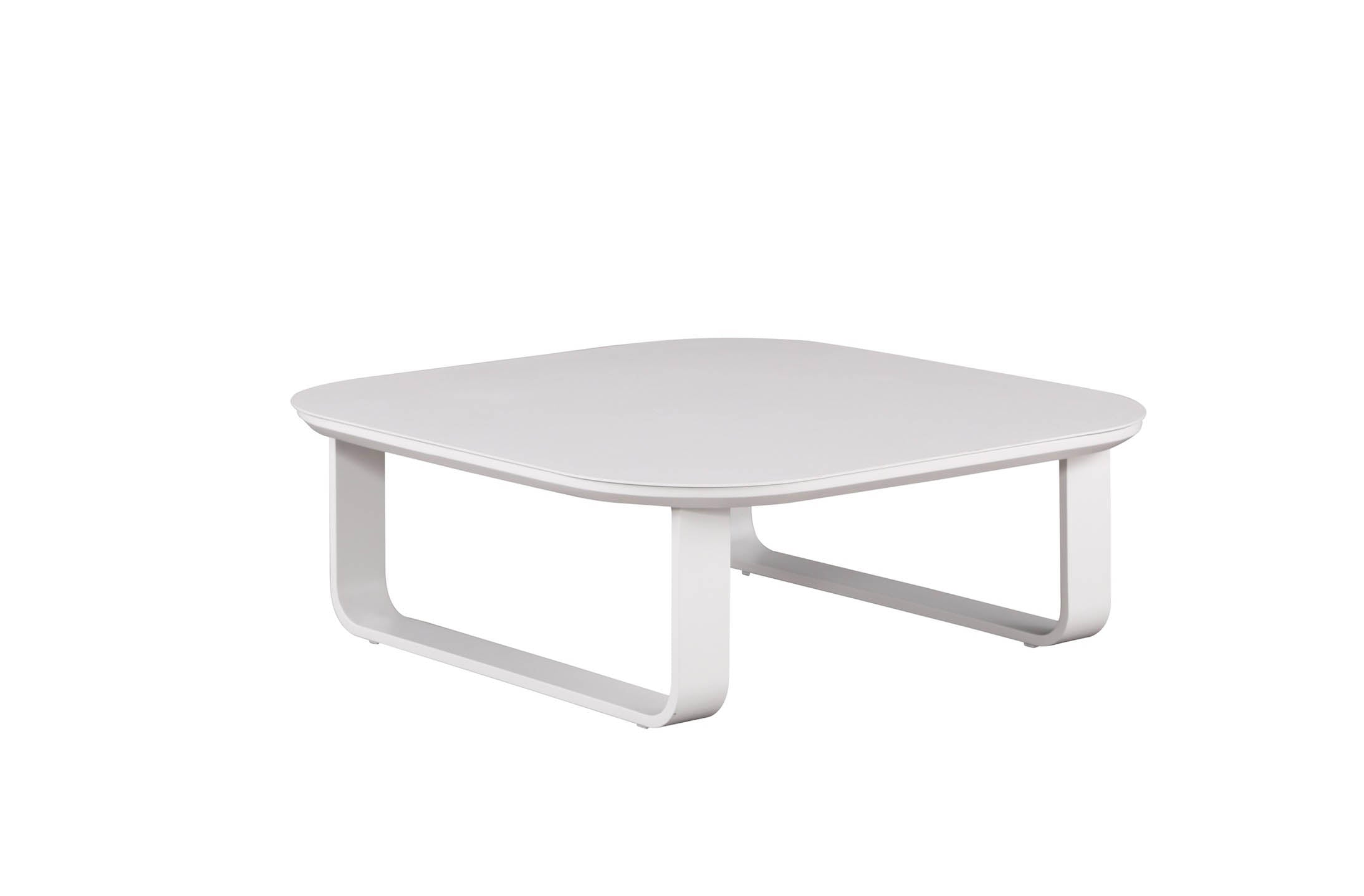 Table basse carrée en aluminium haut de gamme blanc mat, design moderne et épuré, pieds en U, élégant et durable, parfait.