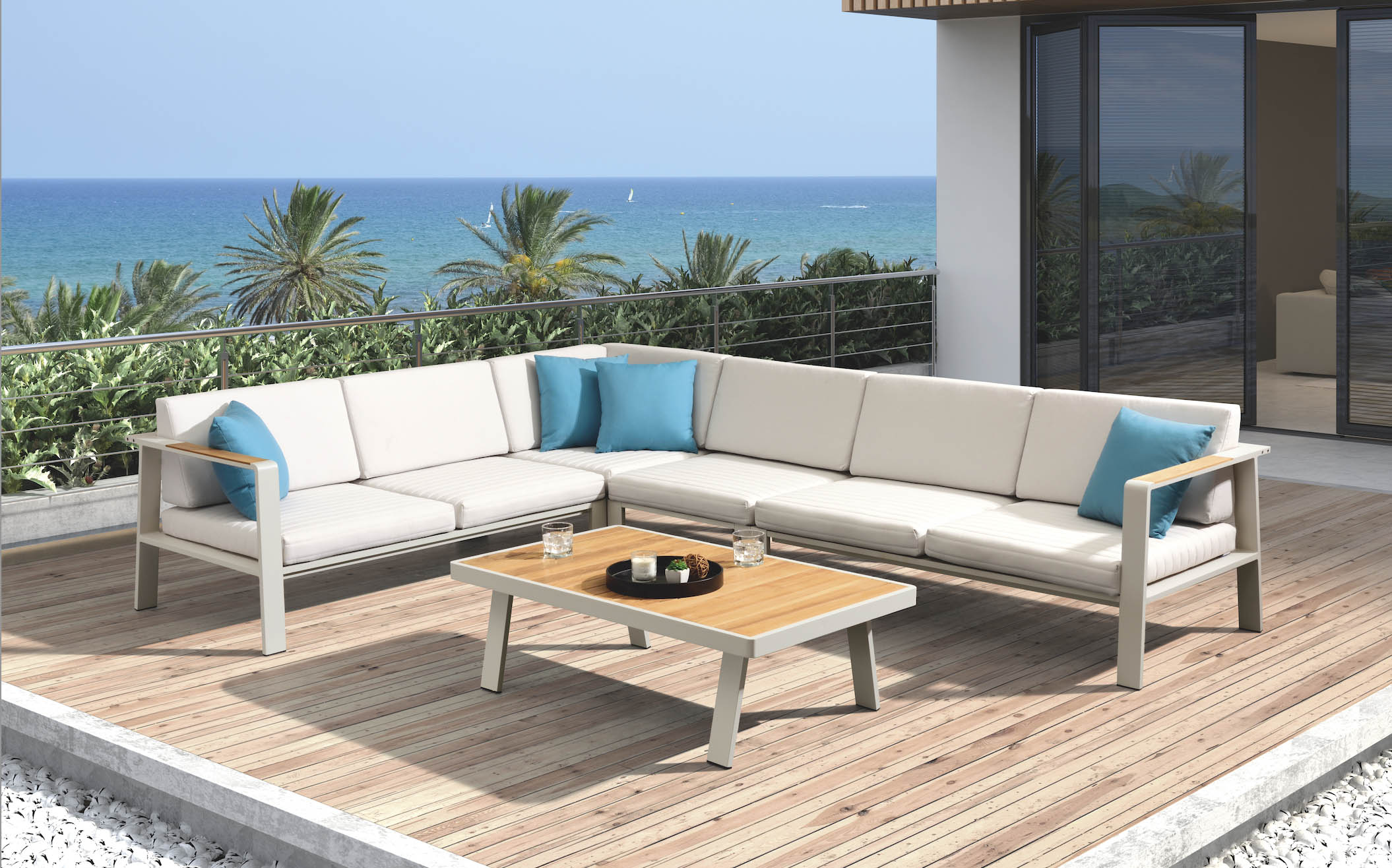 Salon de jardin d'angle en aluminium haut de gamme et teck FSC, coussins en tissu oléfine beige. 
