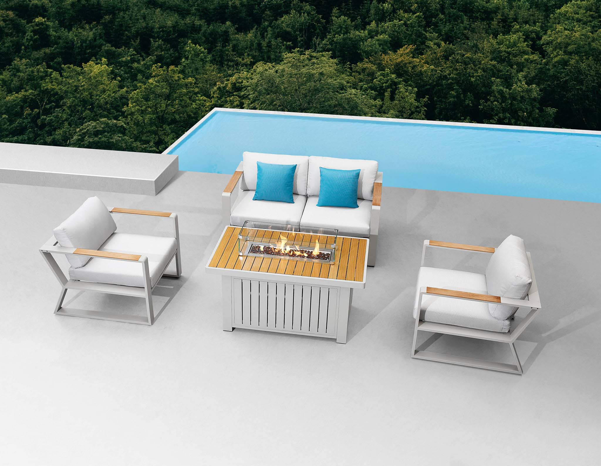 Salon de jardin design innovant en aluminium haut de gamme avec accoudoirs en teck FSC, peinture epoxy grise, table basse. 