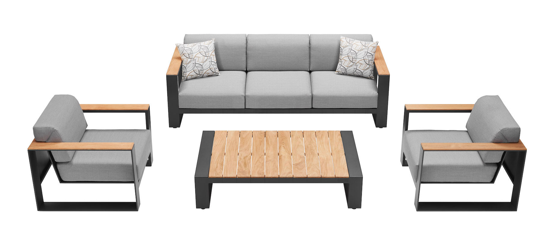 Canapé de jardin 5 places en aluminium noir et teck SFC, tissu acrylique gris, coussins déhoussables et déperlants, design.